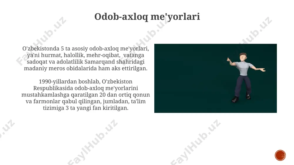 a oila muhiti va yaqin atrof muhitining ta'siri 80% ni tashkil etadi. halollik va vijdonlilik halollik va vijdonlilik tushunchalari o'zbekiston respublikasining 1992-yilda qabul qilingan konstitutsiyasi va 200-dan ortiq qonun hujjatlarida aks ettirilgan bo'lib, jamiyatning axloqiy-ma'naviy asoslarini mustahkamlaydi. tadqiqotlar shuni ko'rsatadiki, halollik va vijdonlilikka asoslangan 30 ta kompaniya boshqa 100 ta kompaniyaga nisbatan 2 barobar yuqori daromad keltiradi, bu esa toshkent shahrida o'tkazilgan biznes so'rovnomalari natijalarida tasdiqlangan. xarakterning ijobiy va salbiy tomonlari xarakterning ijobiy tomonlari, masalan, halollik va mas’uliyatlilik, 30 dan ortiq mamlakatda o‘tkazilgan tadqiqotlarga ko‘ra, muvaffaqiyatning asosiy omillaridan biri hisoblanadi. salbiy xarakter xususiyatlari, jumladan, tajovuzkorlik va yolg‘onchilik, 2022-yilgi statistikaga ko‘ra, jinoyatchilikning 75% ga yaqinini tashkil etadi. muloqot madaniyati oʻzbekistonning 12 ta viloyatida oʻtkazilgan soʻrovnomalar natijalariga koʻra, "muloqot madaniyati" kurslarini oʻtgan 3000 dan ortiq kishi oʻz ishonchlilik koeffitsientini 15% ga oshirgan. “muloqot madaniyati” samarqanddagi 500 dan ortiq talabalar ishtirok etgan tadqiqotga koʻra, ijodiy muloqot uslubi muvaffaqiyatli hamkorlikning 70% ini tashkil etadi. …