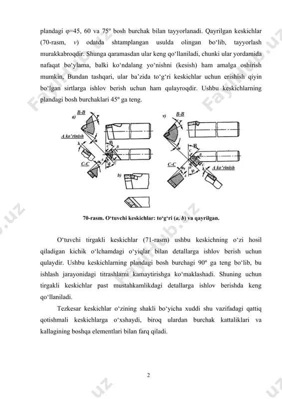 ham amalga oshirish mumkin, bundan tashqari, ular ba’zida to‘g‘ri keskichlar uchun erishish qiyin bo‘lgan sirtlarga ishlov berish uchun ham qulayroqdir. ushbu keskichlarning plandagi bosh burchaklari 45º ga teng. 70rasm. o‘tuvchi keskichlar: to‘g‘ri (a, b) va qayrilgan. o‘tuvchi tirgakli keskichlar (71rasm) ushbu keskichning o‘zi hosil qiladigan kichik o‘lchamdagi o‘yiqlar bilan detallarga ishlov berish uchun qulaydir. ushbu keskichlarning plandagi bosh burchagi 90º ga teng bo‘lib, bu ishlash jarayonidagi titrashlarni kamaytirishga ko‘maklashadi. shuning uchun tirgakli keskichlar past mustahkamlikdagi detallarga ishlov berishda keng qo‘llaniladi. tezkesar keskichlar o‘zining shakli bo‘yicha xuddi shu vazifadagi qattiq qotishmali keskichlarga o‘xshaydi, biroq ulardan burchak kattaliklari va kallagining boshqa elementlari bilan farq qiladi. · o‘ng va chap keskichlar. o‘tuvchi keskichlar ishlaydigan uzatish yo‘nalishi bo‘yicha o‘ng va chap keskichlarga bo‘linadi. keskich ustiga o‘ng qo‘lning kaftini qo‘yib, barmoqlarni keskichning uchiga yo‘naltirganda, bosh kesuvchi qirra katta barmoq tomonida joylashgan bo‘lsa, unda bu keskichlar o‘ng keskich deb aytiladi (72rasm, b). tokarlik dastgohlarida bu keskichlar …