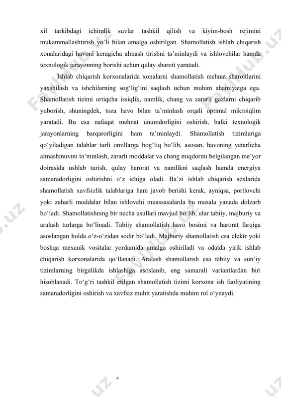 ay ish muhitini yaratadi. ventilyatsiya (lotincha: ventilatio — „shamollatish“) — xonalarning havosini almashtirib turish hamda bu ishni amalga oshiradigai qurilmalar majmui. shaxtalar, sanoat korxonalari, turar joy binolari, jamoat uylari havosini yangilash uchun qoʻllaniladi. binolarning havosi vaqt oʻtishi bilan fizik va kimyoviy jihatdan salbiy tomonga oʻzgaradi, chunki odam terisi, nafas aʼzolari orqali, uskunalarning ishlash jarayonlari tufayli va boshqa yoʻllari bilan tashqi muhitga issiqlik suv bugʻlari, karbonat angidrid va qoʻlansa hidli moddalar (ter, organik moddalarning buzilish mahsulotlari va b.) ajraladi. shamollatish tizimlari quyidagi maqsadlarga xizmat qiladi: havo tarkibidagi zararli moddalar konsentratsiyasini kamaytirish. xonadagi harorat va namlikni nazorat qilish. havoning tozaligini ta’minlash. yong‘in xavfsizligini oshirish. laboratoriyada kimyoviy sintez, biologik madaniyat va boshqa tajribalar jarayonida zararli gazlar, yomon hidlar yoki kasallik qo'zg'atuvchi mikroorganizmlar paydo bo'lishi mumkin. samarali shamollatish tizimi ushbu zararli moddalarni o'z vaqtida olib tashlashi, ularning laboratoriyada to'planishiga yo'l qo'ymaslik va atrof-muhit va xodimlarga mumkin bo'lgan zararni kamaytirishi mumkin. to'liq laboratoriya shamollatish tizimi …