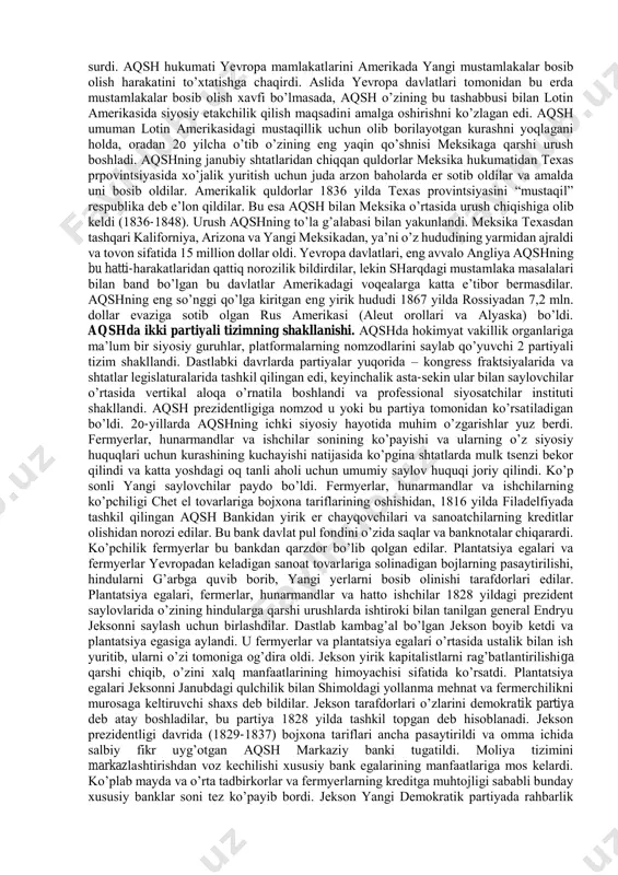 at qarzlarini to’lash boshlandi. aqsh burjuaziyasi xviii asrning 9o-yillaridan boshlab yevropadagi bir-biriga dushman bo’lgan koalitsiyalar bilan juda manfaatli savdoni yo’lga qo’ydi. bu savdo aqsh flotini tez o’sishiga olib keldi. aqsh flotining tonnaji 1792 yildan 18o7 yilgacha 2 martadan ko’proqqa – 564 ming tonnadan 1268 ming tonnagacha o’sdi. aqsh qulay vaziyatdan foydalanib, sotib olishlar va bosqinchilik yo’llari bilan o’z hududini kengaytirib bordi. 18o3 yilda aqsh 15 million dollarga fransiyadan missisipi daryosidan g’arbda joylashgan luizianani sotib oldi, natijada aqshning hududi deyarli 2 marta kengaydi. (napoleon bonapart luizianani 18oo yilda ispaniyadan tortib olgan edi. napoleon amerikadagi mustamlakalarini himoya qilish imkoniyatiga ega emas edi va pulga muhtoj bo’lgan edi). aqsh florida yarim orolini egallagan kuchsiz ispaniya bilan hisoblashib o’tirmadi va 181o-1818 yillar davomida floridani bosqichma-bosqich bosib oldi. natijada 1819 yilda ispaniya floridani aqshga berishga majbur bo’ldi. bundan tashqari qit’aning 42-paralleldan yuqorida joylashgan barcha g’arbiy qismi aqshga o’tdi. bu bilan amerikaliklarning tinch okeani sohillariga ekspansiyasi …