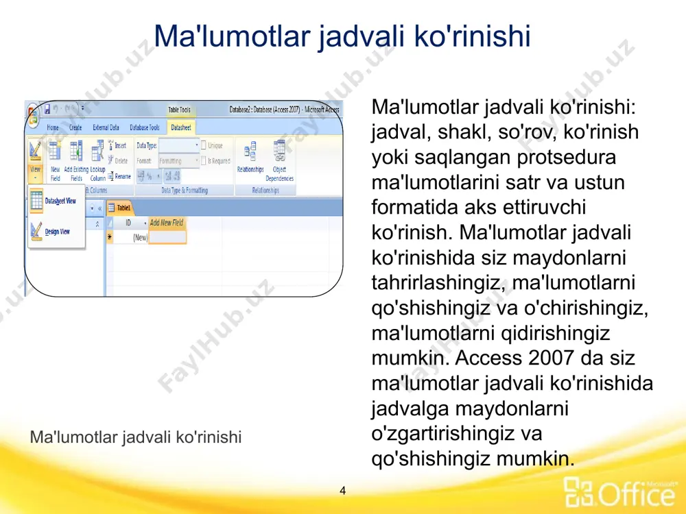 artiblash tartibi katta-kichik harflarga qarab tartiblash tartibidan qanday farq qilishini ko'rsatadi. 19 tashqi ma'lumotlar microsoft access ilovasining yorliqlaridan biri bo'lib, u bizga kirishdan istalgan ma'lumotlarni eksport qilish hamda ma'lumotlar bazasiga kirish uchun tashqaridan har qanday boshqa ma'lumotlarni, jadvallarni va hokazolarni import qilish imkonini beradi. ushbu yorliqda import, eksport, ma'lumotlarni yig'ish va sharepoint ro'yxatlari kabi variantlar mavjud. tashqi ma'lumotlar yorlig'i 20 matn fayli, elektron jadval fayli yoki ma'lumotlar bazasi jadvalidan ma'lumotlarni access jadvaliga nusxalash uchun. import qilingan ma'lumotlardan yangi jadval yaratish uchun foydalanishingiz mumkin yoki uni mos keladigan ma'lumotlar strukturasiga import opsiyalari 21 22 ob'ektlaridan foydalanishi uchun ma'lumotlar va ma'lumotlar bazasi ob'ektlarini boshqa ma'lumotlar bazasiga, elektron jadval fayliga yoki fayl formatiga nusxalash . ma'lumotlarni turli xil qo'llab-quvvatlanadigan ma'lumotlar bazalari, dasturlari va fayl formatlariga eksport opsiyasi 23 har xil eksport imkoniyatlari saqlangan eksportlar: oldindan saqlangan import operatsiyalarini ko'rish va ishga tushirish excel eksporti: tanlangan hujjatlarni microsoft office excel faylida elektron jadvallarga eksport …