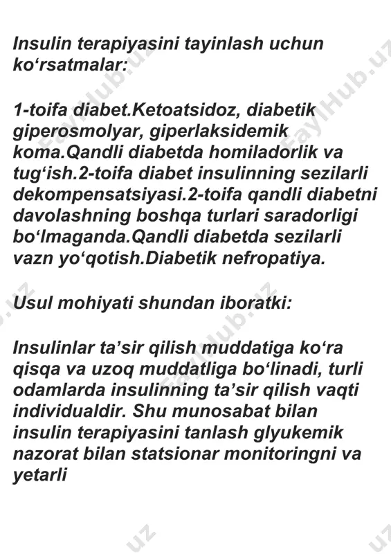 sulinning oʻrtacha sutkalik dozasining dietali insulin miqdori taxminan 50-60 % (20-30 birlik), bazal insulin esa 40-50 % ni tashkil qiladi. insulin terapiyasi usullari. insulin terapiyasi (it) tamoyillari tahrirlash. qisqa taʼsir qiluvchi insulin (sdi) va uzoq taʼsir qiluvchi insulin kombinatsiyasidan foydalanish: insulinning oʻrtacha sutkalik dozasi (mad) fiziologik sekretsiyaga imkon qadar yaqin boʻlishi kerak.kun davomida insulinni tarqatishda sd(sutkalik doza) ning 2/3 qismini ertalab, tushdan keyin va erta kechqurun, 1/3 qismini esa kechqurun va kechasi yuborish kerak. kun davomida icd quyidagicha taqsimlanadi: nonushta qilishdan oldin — 35 %; tushlikdan oldin — 25 %; kechki ovqatdan oldin — 30 %; kechasi-insulinning kunlik dozasining 10 %. agar kerak boʻlsa, ertalab soat 5-6 da — 4-6 doza.bir inʼektsiyada 14-16 dozadan koʻp kiritilmasligi kerak. katta dozani qoʻllash zarurati tugʻilganda, qabul qilish oraligʻini qisqartirish orqali inʼektsiya sonini koʻpaytirish yaxshiroqdir. insulin dozasini sozlash. qisqa taʼsir qiluvchi insulin dozasini tanlashda insulinga boʻlgan talabning kunlik tebranishlarini hisoblash muhim rol oʻynaydi. tananing …
