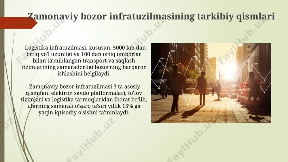 rning cheklovlari erta bosqichdagi bozor infratuzilmasining zaifligi, masalan, to'lov tizimlarining cheklanganligi, investitsiyalarni jalb qilishni qiyinlashtiradi. ushbu bozorlarda ishtirokchilar soni kamligi va tartibga solishning yetarli emasligi tufayli yuqori darajadagi narx volatillligi kuzatiladi. valyuta bozori infratuzilmasi валюта бозорининг ривожланишида банк-молия муассасаларининг иштироки 2021 йилдан 2023 йилгача 15% га ошган бўлиб, бу эса бозорнинг чуқурлашувига олиб келди. ўзбекистон республикаси марказий банки томонидан 2022 йилда валюта бозорининг ликвидлигини ошириш учун 500 млн. ақш доллари миқдоридаги валюта интервенциялари амалга оширилди. bozor infratuzilmasining evolyutsiyasi mobil to'lov tizimlarining keng tarqalishi, 2010-yillardan so'ng, bozor infratuzilmasining samaradorligini 25% ga oshirdi va operatsiyalar tezligini yaxshiladi. bozor infratuzilmasining rivojlanishi 1990-yillardan boshlab, elektron savdo platformalarining paydo bo'lishi bilan tezlashdi, bu esa savdo hajmini 10 baravar oshirdi. e'tiboringiz uchun rahmat @taqdimot_robot image1.jpg image2.jpg image3.jpg image4.jpg image5.jpg image6.jpg image7.jpg image8.jpg image9.jpg image10.jpg image11.jpg image12.jpg
