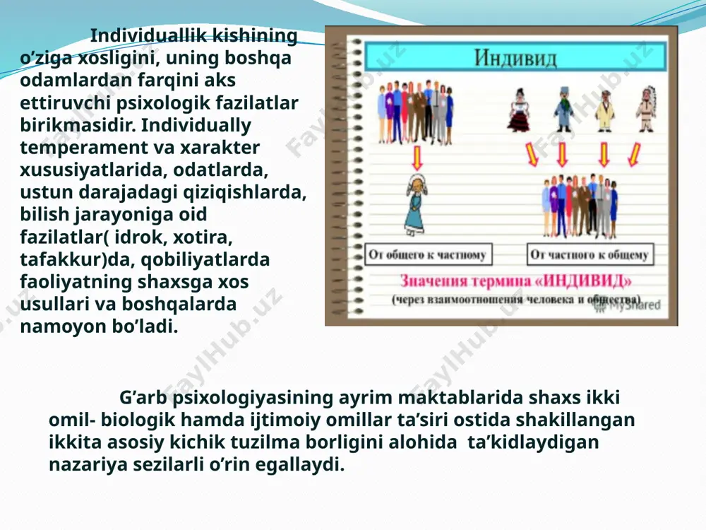 nligi, qo’l harakatlarini aniqligi va boshqa xususiyatlardan iborat. xususiy qobiliyatlar alohida olingan bir faoliyatning muvofaqiyatini taminlaydi. bu qobiliyatlar alohida muloqotning bo’linishini taqazo etadi. masalan, matematika, texnika, badiiy ijodiy, sportga bo’lgan qobiliyatlar shular jumlasidandir. psixologiya fanida qobiliyatlar quyidagicha tavsiflanadi: tabiiy qobiliyatlar odamlar va hayvonlar uchun xos bo’lib, idrok qilish xotirada saqlash, oddiy muloqotga kirisha olish shular jumlasidandir. biologik jihatdan asoslangan ba qobiliyatlar asosini shartli reflekslar hosil bo’lish jarayoni tshkil etadi. insondagi va yuksak darajada rivojlangan hayvonlardagi bu qobiliyatlar bir-biridan farq qiladi. ilmiy qobiliyat abstrakt, evristik fikrlashning yuksak rivojlangan bo’linishini, og’zaki mantiqiy xotirani, qat’iyat va sabr-toqatni talab qiladi. bu qobiliyatga quyidagi mayda qobiliyatlar kiradi: fizika, matematik qobiliyat, ximiya, filosofiya, tarix, biologiya fanlariga nisbatan bo’lgan qobiliyatlar. badiiy qobiliyat sensor obrazli fikrlashning alohida rivojlangan bo’limini, o’tkir emotsional ta’sirchanlik va reaktivlikni talab qiladi. bu qobiliyatga tasvirlash, musiqaviy, artistik va adabiy qobiliyatlar kiradi e’tiboringiz uchun rahmat image2.png image3.png image4.png image5.png image6.png image7.png image8.png image9.png image10.png image11.jpeg …