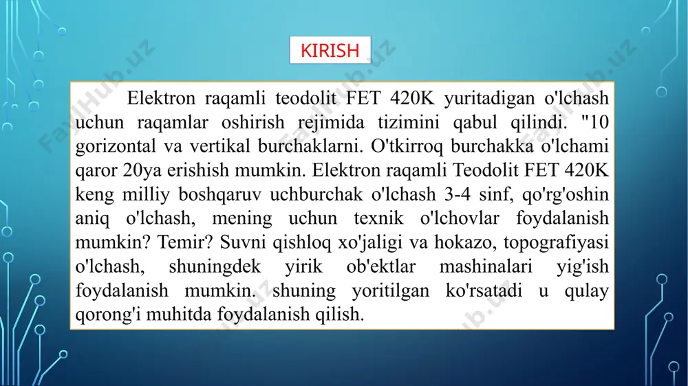 ashtirgich, motorlashtirilgan aniq avtomatik yo‘naltirish; - qaytargichni avtomatik kuzatish; - idenfikator bo‘yicha qaytargichni izlash; - qaytargichdan radiomodem bo‘yicha distansiyali boshqarish kabilarga bo‘linadi. topografik s'yomkalar an'aviy geodezik asboblar shuningdek zamonaviy elektron asboblarda xam bajarilishi mumkin, ammo s'yomka metodlari avvalgidek qoladi. gorizontal va vertikalar s'yemkalar ko‘pincha qutbli usulda bajariladi, bunda elektron asboblarda koordinatalarini topish aniqligi yuqori. taxeometrning mikro ehmni o‘lchash natijalariga avtomatik tarzda ishlov beradi va h, u ortirmalarni, yondosh s'yomkali hamda piketli nuqtalargacha nisbiy balandliklarni aniqlaydi. o‘lchashlar natijalari maxsus xotira moslamalariga kiritilishi yoki magnitli kassetaga yozilishi mumkin. leka-elektron taxeometri ts-600, tm-500 тм-500 тс-600 trimble vx avtomatik taxeometr 1 sekuntda 1000 dan ko’p sanoq oladi aniqligi yuqori asbobning og‘irligi – 4,2 kg. ob'yektning diametri – 28 mm eng kichik masofa o‘lchovi – 2 m. eng uzun masofa o‘lchovi – 1100 m. o‘lchov vaqti – 3 sek. xotirasidagi o‘lchov hajmi – 1200 ta. old tomonidagi funksional klavish quyidagi vazifalarni bajaradi: all – burchak …