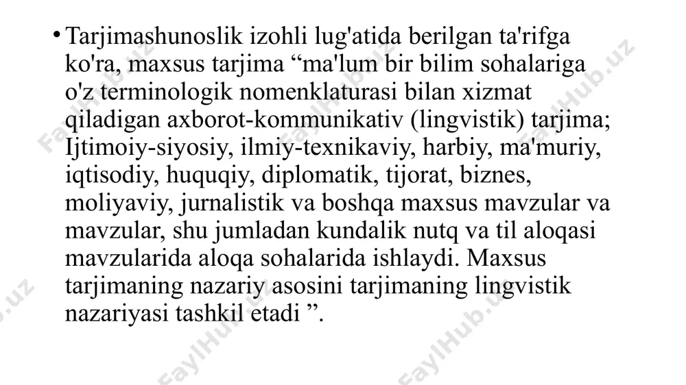 , o'rganishni va boshqalarni tasvirlash) (ilmiy -texnik uslub, ba'zan shunchaki ilmiy deb ataladi, o'z navbatida, bo'linadi aslida ilmiy, ilmiy-ma'lumotli, ilmiy-ma'lumotli, o'quv-ilmiy va ilmiy-ommabop). 3) jurnalistik matnlar (ommaviy axborot vositalari orqali odamlarga ta'sir ko'rsatishga xizmat qiladi: axborot keng jamoatchilik uchun mo'ljallangan, ta'sir yo'naltirilmagan faqat ongda, balki qabul qiluvchining hissiyotida ham); 4) kundalik (kundalik) muloqot matnlari (og'zaki va og'zaki so'zlar: dialog, shaxsiy maktublar, eslatmalar, telefon suhbatlari va boshqalar). 1. tibbiy tarjima nima? tibbiy tarjima — bu tibbiyot sohasidagi matnlarni (masalan, shifokor xulosalari, diagnostika hisobotlari, dorilar yo‘riqnomalari, ilmiy maqolalar) bir tildan ikkinchi tilga aniq, aniqlikni yo‘qotmasdan va terminologik jihatdan to‘g‘ri tarjima qilish jarayoni. bu tarjima xatolarining oqibati bemor hayoti yoki sog‘lig‘iga jiddiy ta’sir ko‘rsatishi mumkinligi sababli juda mas'uliyatli sohadir. 2. tibbiy terminologiyaning xususiyatlari tibbiy terminologiya o‘ziga xos bo‘lib, quyidagi belgilar bilan ajralib turadi: ✅ lotin, yunon ildizlariga asoslangan atamalar ko‘pligi (masalan: cardiomegaly, hepatitis). ✅ aniq ma’noga ega so‘zlar: sinonimlar kam ishlatiladi. ✅ atamalar …