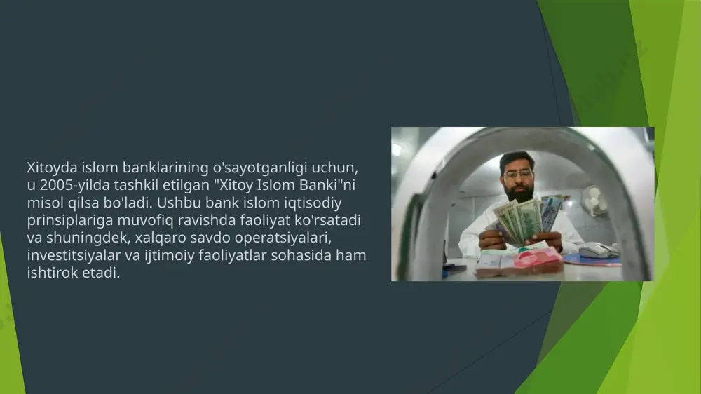 , moliyaviy tashkilotlar orqali mamlakat iqtisodiyasiga investitsiyalar kiritish va moliyaviy yordam ko'rsatish orqali fuqarolarga o'zaro foyda olishishadi. bu shu jumladan, islom banklari ijtimoiy proyektlar, infratuzilma, yuqori texnologiyalar va boshqa soha-larda investitsiyalarni ko'rsatish bo'yicha faoliyat ko'rsatishadi. islom iqtisodiy prinsiplarini o'z ichiga olganlik: xitoy islom banki va boshqa islom moliya institutlari, riba (foiz)ni qabul qilmaydigan, shar'iy hujjatlarga muvofiq faoliyat ko'rsatish, adolatli iqtisodiy tizim yaratish va jamoatni moliyaviy xizmatlarga qatnashishga chaqirish prinsiplarini o'z ichiga olganliklarini ko'rsatishadi. e’tiboringiz uchun rahmat image1.jpeg image2.jpeg image3.jpeg image4.jpeg image5.jpeg image6.jpeg image7.jpeg image8.jpeg /docprops/thumbnail.jpeg