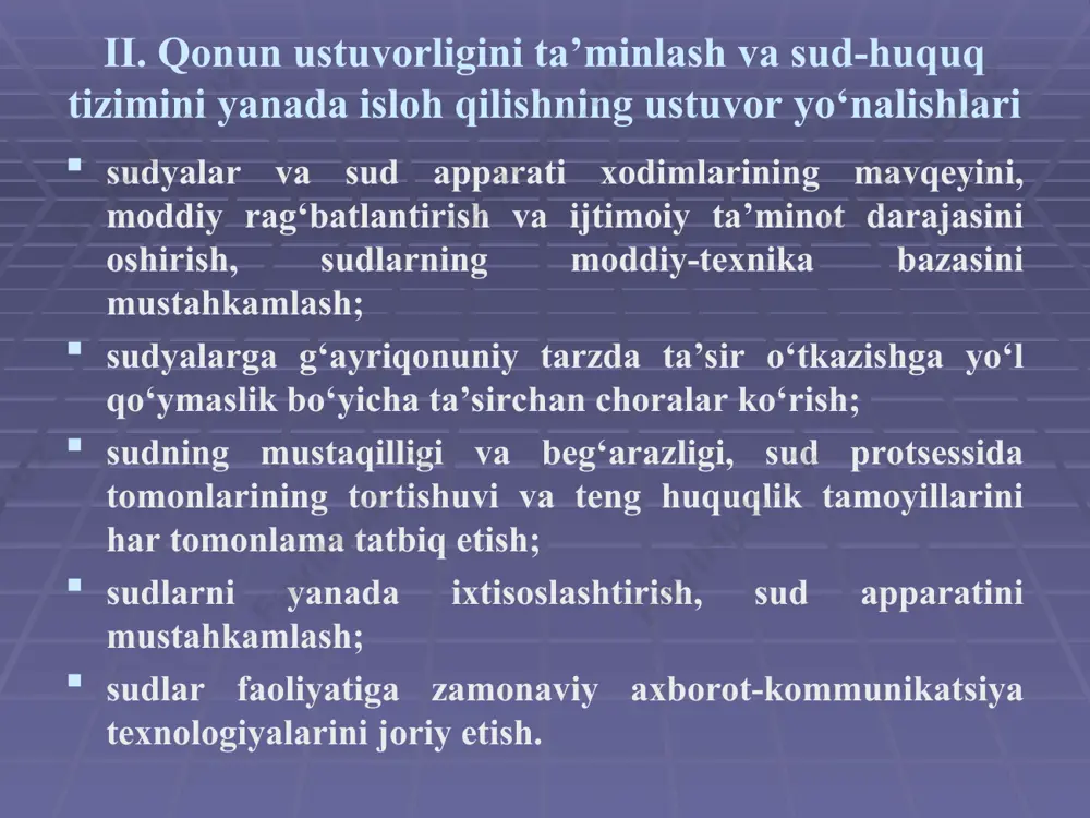 kamaytirish; mehnatga layoqatli aholining mehnat va tadbirkorlik faolligini to‘liq amalga oshirish uchun sharoitlar yaratish, ish kuchi sifatini yaxshilash, ishga muhtoj shaxslarni kasbga tayyorlash, qayta tayyorlash va malakasini oshirish tizimini kengaytirish. oila salomatligini mustahkamlash, onalar va bolalarning sifatli tibbiy xizmatdan foydalanishni kengaytirish, ularga ixtisoslashtirilgan va yuqori texnologiyalarga asoslangan tibbiy yordam ko‘rsatish, chaqaloqlar va bolalar o‘limini kamaytirish bo‘yicha kompleks chora-tadbirlarni yanada kengroq amalga oshirish; xotin-qizlarning ijtimoiy-siyosiy faolligini oshirish, ularni davlat va jamiyat boshqaruvidagi o‘rnini kuchaytirish, xotin-qizlar, kasb-hunar kolleji bitiruvchi qizlarining bandligini ta’minlash, ularni tadbirkorlik faoliyatiga keng jalb etish; pensionerlar, nogiron, yolg‘iz keksalar, aholining boshqa ehtiyojmand toifalarining to‘laqonli hayot kechirishlarini ta’minlash uchun ularga tibbiy-ijtimoiy yordam ko‘rsatish; farmatsevtika sanoatini yanada rivojlantirish, aholi va tibbiyot muassasalarining arzon, sifatli dori vositalari va tibbiyot buyumlari bilan ta’minlanishini yaxshilash, dori-darmonlar narxlarining asossiz o‘sishiga yo‘l qo‘ymaslik bo‘yicha chora-tadbirlarni amalga oshirish. aholi, eng avvalo, yosh oilalar, eskirgan uylarda yashab kelayotgan fuqarolar va uy-joy sharoitini yaxshilashga muhtoj boshqa fuqarolarning yashash sharoitini …