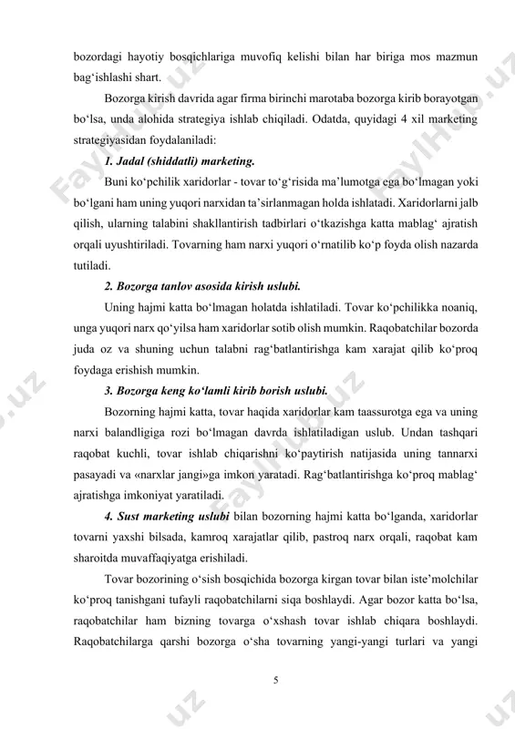 ar xil tadbirlari o‘tkaziladi. reklamada tovarning amaliyotdagi iste’molchilar tajribasida sinalgan xususiyatlari ko‘proq yoritiladi, imtiyozlar va narxni pasaytirishgacha qo‘llaniladi. tovar bozorining yetilish (pishgan) davrida tovarning to‘la assortimenti bozorga kiritilgan va 50 foizdan ortiq xaridorlarga kerakli tovar bilan ta’minlangan bo‘ladi. endi tovarni asosan konservativ dunyoqarashli xaridorlar sotib olishadi. talabni rag‘batlantirish tadbirlari asosan tovarning foydaliligini yoritishga qaratiladi. tovar bozorining to‘yinishi davrida tovar asosan sotilishi, bozorda iste’molchilarning qaytadan xarid qilishlari hisobiga amalga oshiriladi. talabni rag‘batlantirish siyosati samara bermay qoladi. shuning uchun bozorda yaxshi talabga ega tovarlar qoldiriladi. ammo reklama susaytirilmay, aksincha kuchaytiriladi. narx pasaytirilib, tovar ko‘pchilik xaridorlarga yaqinlashtiriladi. tovar bozorining tushkunlik davrida talabni va sotishni rag‘batlantirish tadbirlari shu tovar uchun to‘xtatiladi. sotuvchilarga qaratilgan rag‘batlantirish tadbirlari, asosan tovar sotilishi hajmini ko‘paytirish maqsadida olib boriladi: · pul mukofoti berish; · qo‘shimcha dam olish kunlari, firma hisobidan sayohatlarga borish; · qimmatbaho sovg‘alar; · ma’naviy rag‘batlantirish; · korxona faoliyati reklamasi; · xayriya ishlarida faol qatnashish va boshqalar. talabni …