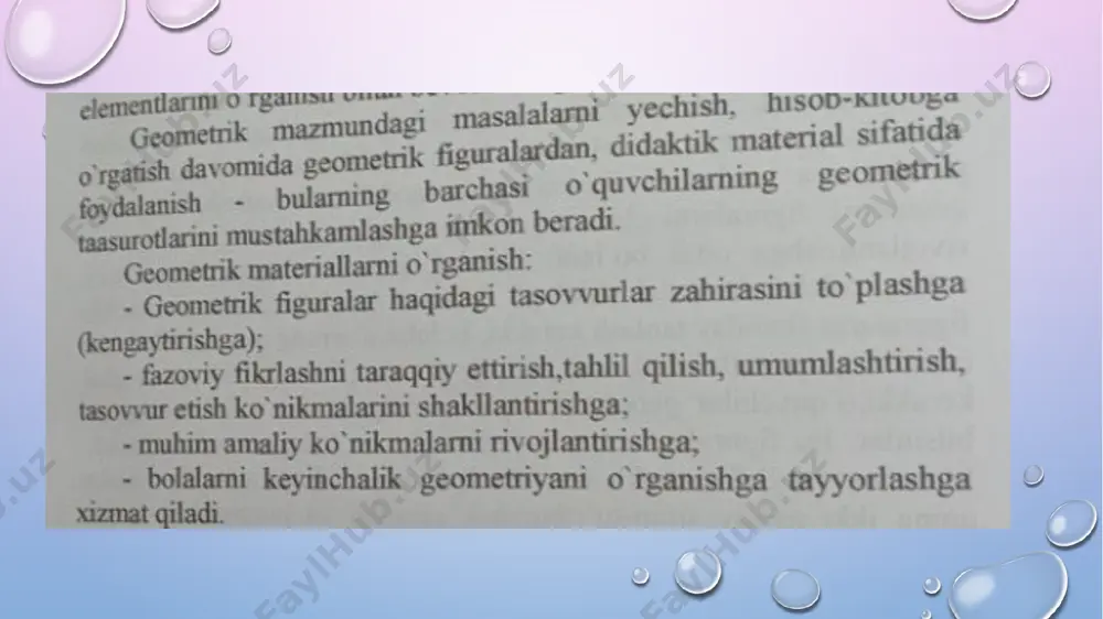 figuralarni farqlay olish, qismlarga bo`lish, qismlardan figuralar hosil qilish. tekis figuralarning boshqa xossalari orasida yuzlarni o‘lchash amaliy usulga asoslangan. dastur bo‘yicha «yuz. yuz birliklari» mavzusi 4- sinfda o‘rganiladi. yuz haqida boshlang’ich tushunchalarni shakllantirish bo‘yicha tayyorgarlik ishi i — 2- sinflardan boshlanadi. bosma asosidagi daftarlar bilan ishlashda figuralarni bo‘yash, mehnat darslarida qog’ozdan figuralar qiyib olish, tasviriy san’at darslarida rasm solish figurani tekislikning yopik, chizik, bilan chegaralangan bo‘lagi sifatida mexanik qabul qilinishiga imkon beradi. geometrik sanoq materialidan foydalanib, bolalar bir-biridan juda farq, qiladigan yoki mutlaqo bir xil bo‘ladigan figuralarni bemalol taqqoslaydilar. biroq tajriba shuni ko‘rsatadiki, bolalar «figuraning yuzi» mav­zusi materialini qiyinchilik bilan o‘zlashtiradilar. masalan, turli shakldagi narsalarni taqqoslash ko‘pincha uning chiziqli o‘lchamlarini taqqoslashga keltiriladi. bolalar ko‘pincha yuzni o‘lchash tushunchasini uni radional hisoblash usuli bilan aralashtirib yuboradilar. «to‘g’ri to‘rtburchakning yuzini ulchash nimadan iborat?»,— degan savolga bolalar ko‘pincha bunday javob beradilar: «bu uning bo‘yini va enini o‘lchab, ularni ko‘paytirish demakdir». biroq to‘rtburchakning yuzini topish …