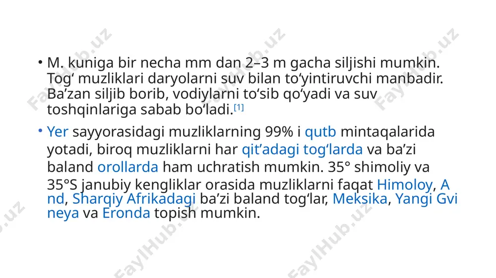 di. baʼzan suv gaz holatdan toʻgʻridan-toʻgʻri muzga aylanishi mumkin (qirov). 1.1. muz qoplash turlari muz qoplash turlari. yer sharidagi barcha muzliklarniig 99,5% qutblarga va qutb yaqinidagi o’lkalarga (materik qoplama muzligi), faqat 0,5% o’rtacha va tropik mintaqalardagi baland tog’li hududlarga to’g’ri keladi. yer yuzasidagi barcha muzliklar shakliga va harakatning xarakteriga ko’ra uchta guruhga bo’linadi. bular - materik muzliklari yoki qoplama muzliklar, tog’ muzliklari hamda vodiy muzliklaridir. materik muzliklari - qutb o’lkalarida tarqalgan bo’lib, ular tog’larni ham, tekislik va pasttekisliklarni ham yoppasiga qoplab yotadi. bunga sabab qutblarda va qutb atrofidagi joylarda haroratning yil bo’yi juda past bo’lishidir. antarktikani va grenlandiyani qoplab yotgan muz qalqoni bunga misoldirvodiy muzliklari – tog’ tizmalari orolig’idagi vodiylarni egallab, tog’lardagi eng katta muzliklarni vujudga keltiradi. ular daryo vodiylarining yuqori qismlarida joylashadi. vodiy muzliklari oddiy (alьp tipida) va murakkab yoki sertarmoq, (himolay tipida) bo’ladi. oddiy vodiy muzliklari bitta yaxlit muzlik oqimidan iboratdir (153-rasm). ba’zan bir qancha muzliklar bir - …