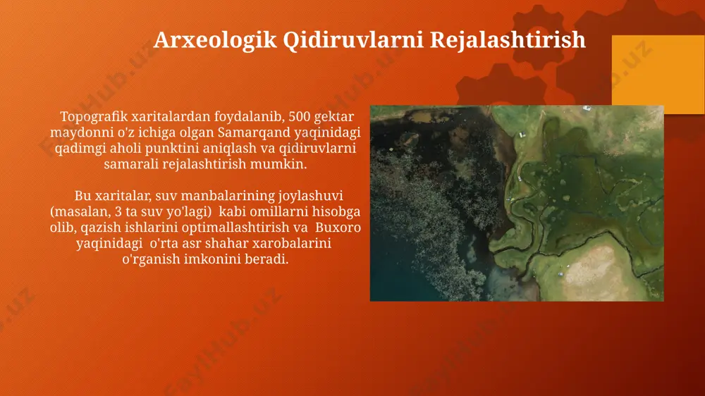 sh xorazm viloyatining 12-asrga oid qishloq xo'jaligi yerlarining topografik tahlili, 30 dan ortiq qadimiy aholi punktlari yaqinida joylashgan sug'orish inshootlarining mavjudligini ko'rsatib, aholining zichligi va iqtisodiyotini o'rganishga yordam beradi. samarqand viloyatidagi 5-asrga oid qadimiy sug'orish kanallarining topografik xaritalari yordamida aniqlangan 20 dan ortiq suv omborlarining joylashuvi va o'lchamlari, mintaqaning suv resurslaridan foydalanish tizimini ochib beradi. topografik xaritalar yordamida sayt tanlash topografik xaritalar yordamida, masalan, 1000 yildan ortiq tarixga ega samarqand yaqinidagi archa o'rmonlari hududida joylashgan qadimiy aholi punktlari joylashuvi aniqlanib, 50 dan ortiq potensial arxeologik saytlar aniqlangan. 300 m balandlikdagi tepaliklar va 150 m chuqurlikdagi vodiylarni ko'rsatuvchi topografik xarita, farg'ona vodiysidagi suv manbalarining o'rnini va shu orqali qadimiy aholi punktlarining joylashishiga ta'sirini aniqlashga yordam beradi. topografik xaritalarning arxeologiyadagi ahamiyati topotegrafik xaritalar qadimgi pompei shahrining 79-yilgi vezuviy vulqoni otilishidan keyingi relyef o'zgarishlarini, binolar va ko'chalarning joylashuvini aniqlashda muhim rol o'ynagan. misrning giza platosidagi piramidalar majmuasining 3d topografik modeli, uning qurilishi va …
