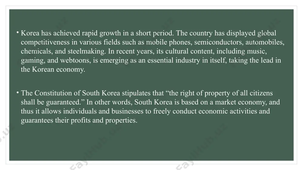 peed internet, and smart cities. ✅ strong diplomatic & military alliances – a key ally of the u.s. and a major player in east asian geopolitics. weaknesses: ❌ aging population & low birth rate – one of the lowest fertility rates in the world, leading to labor shortages and economic concerns. ❌ high dependence on exports – the economy relies heavily on exports (e.g., semiconductors), making it vulnerable to global trade disruptions. ❌ work culture & mental health issues – long working hours, high academic pressure, and mental health concerns are significant societal issues. ❌ real estate & cost of living – high housing prices in cities like seoul make homeownership difficult for young people. opportunities: 🔹 ai & emerging technologies – south korea is investing heavily in ai, robotics, and green technology, creating new growth sectors. 🔹 expanding cultural exports – the global demand for k-content, fashion, and entertainment …