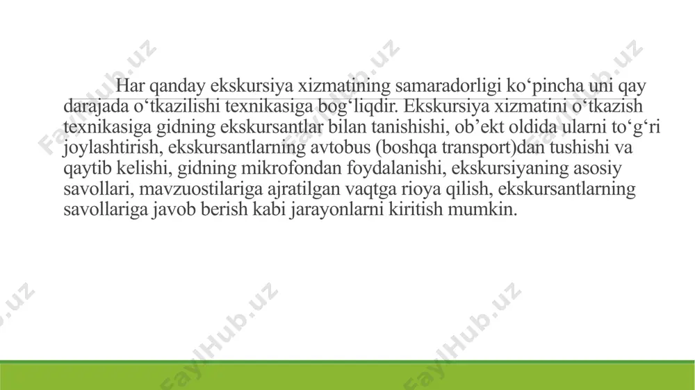 tlarning tarqalib ketmasligi va guruh boshiyu oxiridagi masofa 5-7 metrdan oshmasligi kerak. gid ekskursantlarning jipslashuvini ta’minlashi zarur. agarda ular tarqalib ketsa gidning hikoyasini eshitmay qolishi, mavzuning mohiyatini anglay olmasligi mumkin. tajribali gidlar marshrutda ekskursantlar harakatini boshqarishni ham eplaydi. 7 ekskursantlarning avtobusga qaytishi. ekskursantlarning avtobus tomon harakatlanishini gid boshqaradi va eshikning o‘ng tomonida turib ularni bildirmay sanaydi. ekskursantlarning hammasi yig‘ilganiga ishonch hosil qilganidan so‘ng, avtobusga chiqib, harakatlanish uchun haydovchiga ishora beradi. avtobusda o‘z joyini egallab bo‘lgan ekskursantlarni sanab o‘tirishning hojati yo‘q. gidning o‘rni. gid avtobusda shunday joyni egallashi lozimki, hikoya qilinayotgan ob’ektlar unga yaxshi ko‘rinib tursin. qoidaga muvofiq haydovchining yonidagi maxsus o‘rindiq gid uchun mo‘ljallangandir. avtobus harakati vaqtida gidning tik turishi (ekskursantlarning ham) xavfsizlik yuzasidan mumkin emas. 8 ekskursiya xizmatida vaqtni to‘g‘ri taqsimlash. metodik ishlanmalarda har bir mavzuostilarni yoritib berishga sarflanadigan vaqt aniq ko‘rsatiladi. bu yerda barcha masalalar - ob’ektlarni ko‘rsatish, gidning hikoyasi, ob’ekt bo‘ylab harakati va keyingi marshrut bo‘ylab harakati …