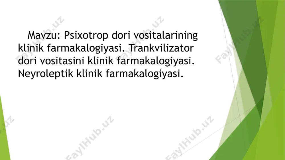 ibidoni yuqori -erkaklarda libidoni past, ginekomastiya, impotensiya -stg, aktg, adg, oksitoksin miqdorlari past -melanostimullovchi gormon miqdori yuqori -ishtaxa va tana vazni oshadi -allergiyaga qarshi neyroleptiklarning nojo’ya tasirlari. - ekstrapiramid buzilishlar (parkinsoizm ) - kollaptoid reaksiya -jinsiy azolar funksiyasini buzilishi -m-xolinolitik tasir (og’iz qurishi, midriaz,siydik ajralishini pasayishi, qabziyat ) -gepatotoksik -allergik reaksiyalar (toshma, gemoliz, agranulotsitoz ) -shox parda va gavxarning xiralashishi -neyrolepticheskiy sindrom (gipertermiya)-aritmiya, koma trankvilizatorlar – emotsional taranglikni, xayajonlanishni, qo’rquvni (fobiya ), nevrozlarni bartaraf etuvchi psixotrop moddalar. trankvilizatorlar klassifikatsiyasi. 1.benzodiazepin retseptorlarini agonistlari : xlordiazepoksid, diazepam, fenazepam, nozepam, lorazepam, bromazepam, mezapam 2.serotonin retseptorlarini agonistlari: buspiron 3. turlicha turdagi moddalar :amizil, mebikar, grandaksin, litonit, fenibut. /docprops/thumbnail.jpeg