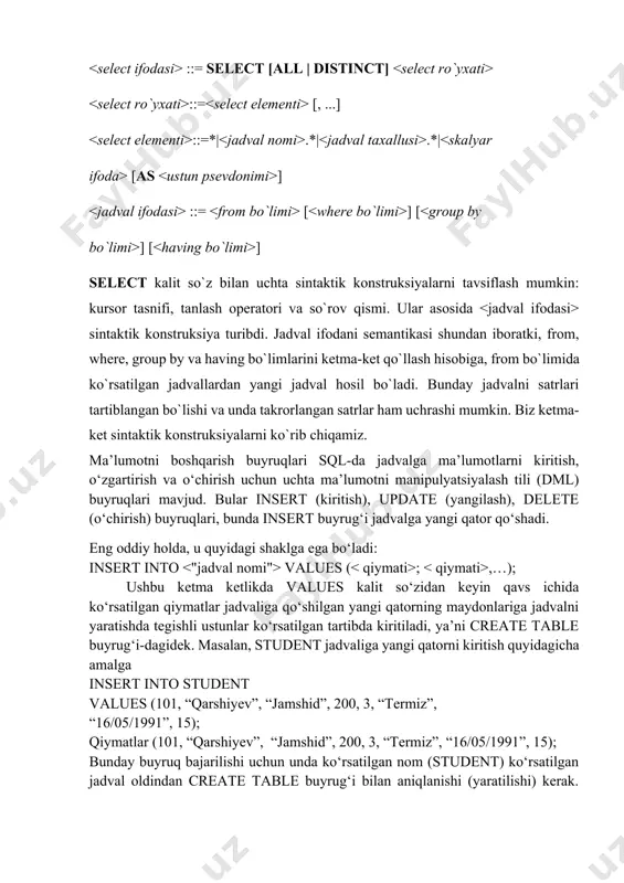 atilgan jadval oldindan create table buyrug‘i bilan aniqlanishi (yaratilishi) kerak. agar biron bir maydonga null qiymatni kiritish kerak bo‘lsa, u oddiy qiymat sifatida kiritiladi: insert into student values (101, “qarshiyev”, null, 200, 3, “termiz”,’16/05/1991’, 15); agar siz create table buyrug‘i bilan belgilangan ustunlar tartibidan farqli ravishda maydon qiymatlarini kiritishingiz kerak bo‘lsa yoki siz qiymatlarni barcha ustunlarga kiritmasangiz, insert buyrug‘ining quyidagi shaklidan foydalanishingiz mumkin: insert into student (student_id, city, surname, name) values (101, “termiz”, “qarshiyev”, “jamshid”); nomlari qavslar ro‘yxatiga kiritilmagan ustunlar, agar jadval tavsifida (create table buyrug‘i) yoki null berilgan bo‘lsa, avtomatik ravishda standart qiymat belgilanadi. insert buyrug‘idan foydalanib, siz bitta jadvaldan qiymatni chiqarib, uni boshqa jadvalga, masalan, quyidagi shakl bo‘yicha so‘rov orqali qo‘yishingiz mumkin: insert into student1 select * from student where city = ‘termiz’; nomlari qavslar ro‘yxatiga kiritilmagan ustunlar, agar jadval tavsifida (create table buyrug‘i) yoki null berilgan bo‘lsa, avtomatik ravishda standart qiymat belgilanadi. insert buyrug‘idan foydalanib, siz bitta …