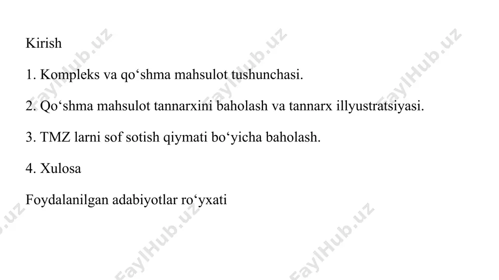 iy mehnat ishlab chiqarish ustama xarajatlari mahsulot b ajratish nuqtasi alohida xarajatlar birgalikda ishlab chiqariladigan mahsulot ajralish nuqtasida tayyor hisoblansa, va yana qayta ishlashni talab qilmasa, kompleks xarajatlarni taqsimlashning quyidagi usullaridan foydalaniladi: 1. sotishga asoslangan usul. 2. natural ko‘rsatkichlar usuli. 1) sotishga asoslangan usul bu usul kompleks xarajatlarni ajralish nuqtasida mahsulotlarning bozor qiymati asosida taqsimlaydi, ya’ni bu usuldan foydalanilganda kompleks chiqimlar birgalikda ishlab chiqarilayotgan mahsulotga ularni sotish qiymatining baholariga mutanosib taqsimlanadi, bunda sotishning yuqori narxlariga ko‘p xarajatlar muvofiq kelishi nazarda tutiladi. misol kompleks xarajatlar 1000 sh.b. a mahsulotga 1000 sh.b. taqsimlangan x (2000 sh.b. / 8000 sh.b.) = 250 sh.b. b mahsulotga 1000 sh.b. taqsimlangan x (6000 sh.b. / 8000 sh.b.) = 750 sh.b. taqsimlangan jami kompleks xarajatlar 1000 sh.b. sotish qiymatiga asoslangan usul natural ko‘rsatkichlar usuli kamchiliklaridan holi bo‘lsa-da, uning bitta nuqsoni bor: u oldingi xarajatlar sotishdan olingan daromadlar bilan aniqlanadi, degan tasavvurga asoslanadi. masalan, sotishdan kam daromad tushadigan …