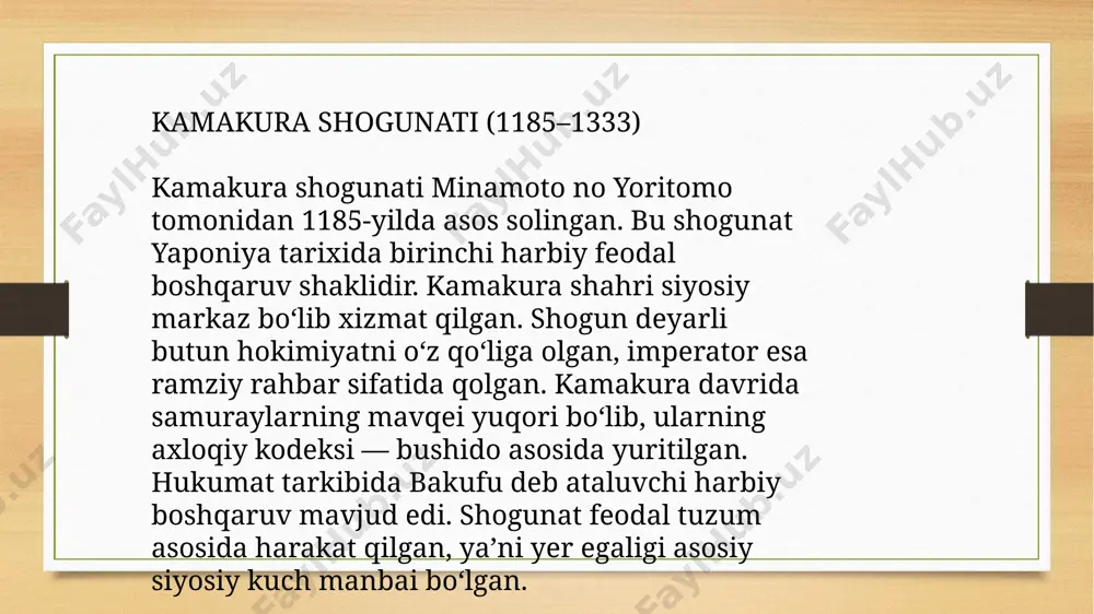 rahbariga ega bo‘lgan va ular bir-biri bilan doimiy urush holatida bo‘lgan. sengoku davrida kuchli daimyolar o‘z hududini kengaytirishga intilar, zaif daimyolar esa yo‘q qilinar yoki bo‘ysundirilardi. iqtisodiyot va qishloq xo‘jaligi 13–15-asrlar davomida yaponiya iqtisodiyoti asosan qishloq xo‘jaligiga tayangan. asosiy ishlab chiqaruvchilar — dehqonlar edi. ular yerni ijaraga olib, hosilning bir qismini daimyoga topshirishardi. daimyolar kuchli qo‘shin saqlash uchun ko‘p soliq yig‘ishar, bu esa dehqonlar hayotini og‘irlashtirardi. ayrim hollarda dehqonlar diniy harakatlar va buddizm yaponiyada bu davrda diniy harakatlar va ayniqsa buddhizm keng tarqalgan. buddhizmning zen oqimi ayniqsa samuraylar orasida mashhur bo‘ldi. zen-buddhizm o‘zini ruhiy jihatdan boshqarish, tartib-intizom, jimjit tafakkur va tabiat bilan uyg‘unlik g‘oyalariga asoslangan. bu e’tiqod samuraylar bushido kodeksiga juda mos tushgan. monastirlar diniy markaz bo‘lish bilan birga, ta’lim, adabiyot va san’at rivojiga ham xizmat qilgan. shinto e’tiqodi esa milliy urf-odatlar, marosimlar bilan uyg‘un bo‘lgan. dinning kuchayishi ijtimoiy barqarorlikda muhim rol o‘ynagan yapon san’ati va adabiyoti bu davrda yapon …