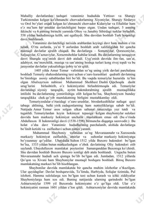 k, yilqichilik, dehqonchilik, hunarmandchilik va savdo tashkil etgan. dovon davlatining poytaxti ershi shahri bo’lib, u hozirgi andijon viloyatining marhamat tumaniga to’g’ri keladi. uning uchqo’rg’on. sho’rabashat kabi shaharlari mavjud bo’lgan. qang’ davlati – bu davlatga mil.av. 3 asrlarda saklar asos solgan. u xitoy manbalarida qang’yuy deb atalgan. uning poytaxti hududlari hozirgi toshkent viloyatining oqqo’rg’on tumaniga to’g’ri kelib, qang’dez nomi bilan yuritilgan. keyinchalik u o’zining hududlarini kengaytirgan. xitoyliklar bu shaharni bityan deb atashgan. mil.av. 2 asr oxirlarida ular eng qudratli davlatga aylanadi. aslida qang’ so’zi ularning turmush tarzidan kelib chiqqan bo’lib, “arava” yoki “aravaga ortilgan yuk”, ayrim manbalarda esa ular sirdaryo bo’ylariga yaqin yashaganligi uchun “daryo”, “suv” degan ma’noni bildiruvchi ikkinchi mazmunga ham ega bo’lganligi bayon qilinadi. qang’liklar toshkent viloyati vohalarida asosan dukkakli o’simliklarni ekish, undan tashqari savdo va hunarmandchilik bilan shug’ullanganlar. milodning 3 asriga kelib eftalitlar tomonidan parchalanib ketadi. so’g’d davlati – bu davlat mil.av. 250 yillarda baqtriya tarkibidan ajralib chiqadi. …