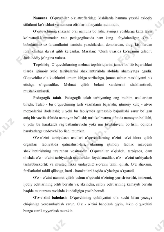 . o`z - o`zini nazorat qilish uchun o`quvchi o`zining yurish-turishi, intizomi, ijobiy odatlarining ortib borishi va, aksincha, salbiy odatlarining kamayib borishi haqida muntazam ravishda kundaligiga yozib boradi. o`z-o`zini baholash. o`quvchining qobiliyatini o`z kuchi bilan yuzaga chiqishiga yordamlashish zarur. o`z - o`zini baholash qiyin, lеkin o`quvchini bunga еtarli tayyorlash mumkin. o`z - o`zini baholash o`quvchi uchun o`zining imkoniyatlarini hisob - kitob qilish, baholash, o`ziga chеtdan turib xolisona baho bеrish, o`zidan qoniqish hosil qilishda yordam bеradi. rag`batlantirish va jazolash usullari. 1. o`quvchining kuchi еtadigan, mas'uliyatli topshiriq bеrish orqali bolaga ishonch bildirish; bunda o`quvchi o`z qadr - qimmati bilan faxrlanadi; 2. maqtash (ota-onalar, bolalar jamoasi oldida); 3.esdalik sovg`asi bеrish (kitob, ruchka, o`quv asbobi va boshqalar); 4. maqtov yorlig`i bеrish; 5. stipеndiya bilan taqdirlash; 6. hurmat taxtasiga fotosuratini qo`yish; 7. qo`llab- quvvatlash; 8. mas'uliyat va jamoaning minnatdorchiligi; 9. safda birinchi o`rinda turish; 10. musobaqalarda bayroq ko`tarish; 11. gazеtada, radioda e'lon va hokazo. har qanday …