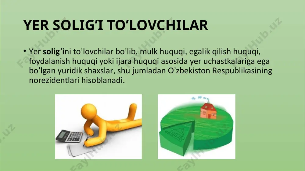 otlar boshqaruv organlarining ma’lumotlari bo‘yicha aniqlanadi. xizmat yuzasidan berilgan chek yer maydonlari bo‘yicha soliq bazasi o‘z xodimlariga yer uchastkalarini bergan korxonalar, muassasalar va tashkilotlarning ma’lumotlari bo‘yicha aniqlanadi. soliq bazasi soliqdan quyidagilar ozod qilinadi: 1) “o‘zbekiston qahramoni”, sovet ittifoqi qahramoni, mehnat qahramoni unvonlariga sazovor bo‘lgan, uchala darajadagi shuhrat ordeni bilan taqdirlangan fuqarolar. mazkur imtiyoz “o‘zbekiston qahramoni” unvoni berilganligi to‘g‘risidagi guvohnoma, sovet ittifoqi qahramoni va mehnat qahramoni daftarchalari, orden daftarchasi yoki mudofaa ishlari bo‘limining ma’lumotnomasi asosida beriladi; 2) urush nogironlari va qatnashchilari, shuningdek doirasi qonunchilik bilan belgilanadigan, ularga tenglashtirilgan shaxslar. ushbu imtiyoz urush nogironining (qatnashchisining) tegishli guvohnomasi yoki mudofaa ishlari bo‘yicha bo‘limning yoxud boshqa vakolatli organning ma’lumotnomasi asosida, nogironligi bo‘lgan boshqa shaxslarga (qatnashchilarga) nogironligi bo‘lgan shaxsning (qatnashchining) imtiyozlarga bo‘lgan huquqi to‘g‘risidagi guvohnomasi asosida beriladi; 3) i va ii guruh nogironligi bo‘lgan shaxslar. mazkur imtiyoz pensiya guvohnomasi yoki tibbiy-ijtimoiy ekspert komissiyasining ma’lumotnomasi asosida beriladi; 4) yolg‘iz pensionerlar. yolg‘iz yoki voyaga yetmagan bolalari bilan …