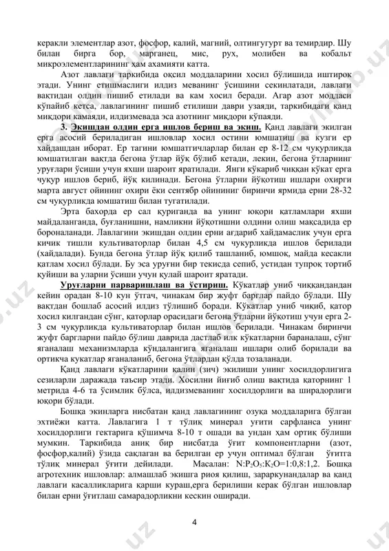 миқдори юқори бўлган йирик илдизмева ҳосил қилиб, тез ўсади. машина билан ишлов берилганда ер қатламида зичлашиши, (босилиши) лавлаги ҳосилдорлигини 40-60% га камайтиради. озуқа моддалари. ўсимликни озиқланиш шартли равишда иккига бўлинади, яъни ҳаводан (фотосинтез) ва илдиздан озиқланиш. илдиздан озиқланиш - бу сув ва сувда эриган минерал тузларни илдиз системаси орқали сингишидир. қанд лавлагини нормал ўсиши ва ривожланиши учун 85 га яқин турли хил элементлар керак бўлади. ердан сув билан бирга ўтадиган кўпроқ керакли элементлар азот, фосфор, калий, магний, олтингугурт ва темирдир. шу билан бирга бор, марганец, мис, рух, молибен ва кобальт микроэлементларининг ҳам ахамияти катта. азот лавлаги таркибида оқсил моддаларини хосил бўлишида иштирок этади. унинг етишмаслиги илдиз меванинг ўсишини секинлатади, лавлаги вақтидан олдин пишиб етилади ва кам хосил беради. агар азот моддаси кўпайиб кетса, лавлагининг пишиб етилиши даври узаяди, таркибидаги қанд миқдори камаяди, илдизмевада эса азотнинг миқдори кўпаяди. 3. экишдан олдин ерга ишлов бериш ва экиш. қанд лавлаги экилган ерга асосий …