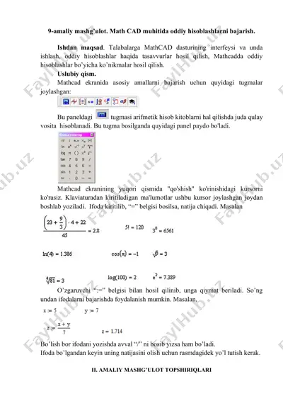 mathcadda oddiy hisoblovchi mashg'ulotlar — DOCX