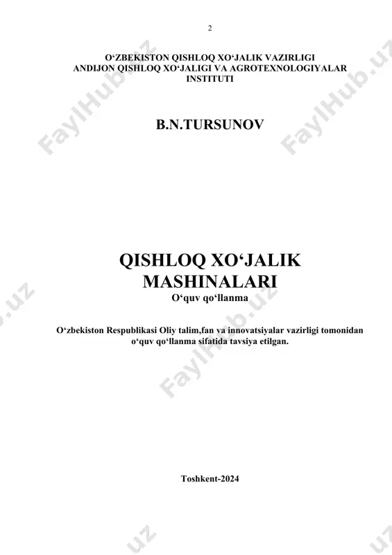 hin po obrabotke pochvы i po posevu. dlya oblegcheniya osvoeniya dannogo predmeta, uchebnoe posobie napisano na gosudarstvennom yazыke s ispolzovaniem prostыx predlojeniy. v uchebnom posobii privedenы ustroystva i prinsipы rabotы selskoxozyaystvennыx mashin, ispolzuemыx v selskom xozyaystve respubliki. dannoe uchebnoe posobie po ustroystvu selskoxozyaystvennыx mashin, napisannoe na gosudarstvennom yazыke yavlyaetsya uchebnыm posobiem i prednaznacheno dlya studentov vuzov po obrazovatelnыmu napravleniyu 60810100- “mexanizatsiya selskogo xozyaystva” a takje dlya molodыx prepodavateley i magistrantov. this tutorial outlines the basic conceptions of soil cultivation processes, the structure and principles of operation of agricultural machines, the main, before and after sowing surface tillage, as well as the design of combined machines for soil cultivation. to facilitate the mastery of this subject, the tutorial was written in the state language using simple sentences. the tutorial contains the devices and principles of operation of agricultural machines used in agriculture of the republic. this tutorial on the device of …