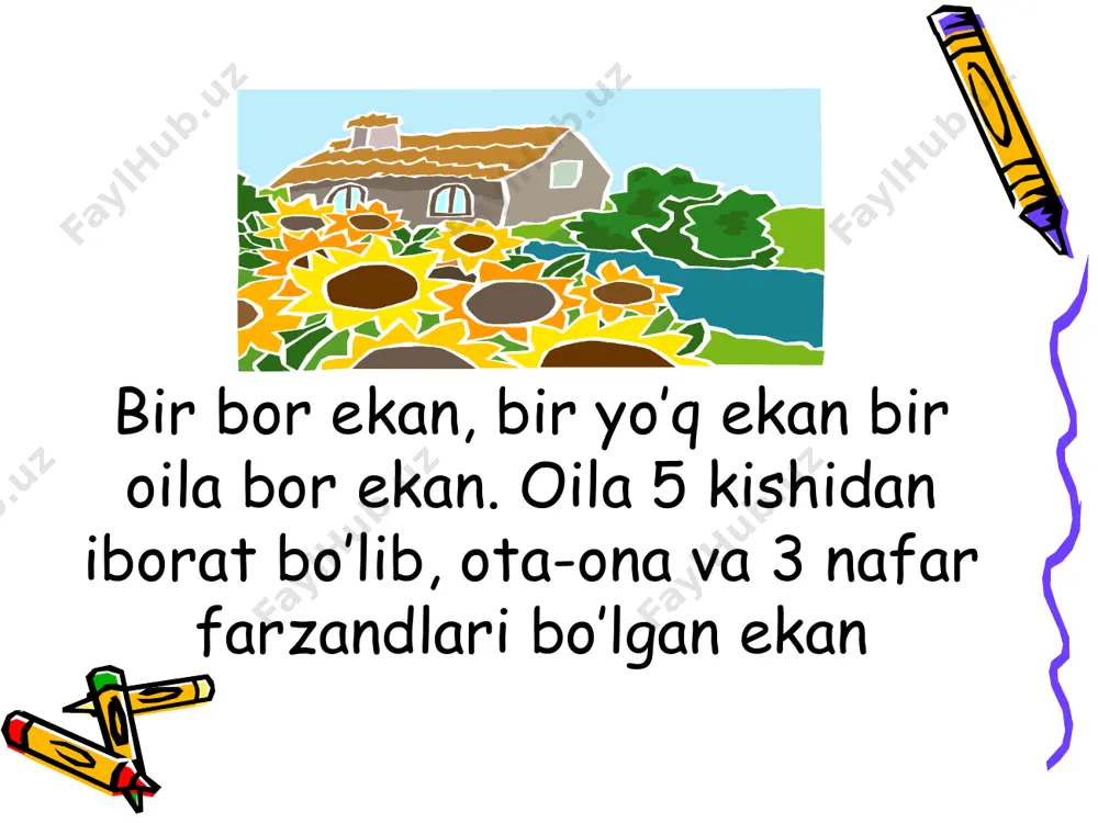 usaffo osmonni,goh yam-yashil bog'larni kuzatar,tabiatning beqiyos boyligidan hayratlanar ekan. hovliga qolida sochiqqa o'ralgan narsa bilan chopqillab aniqlovchi kiribdi. ega: - u nima?- so'rabdi aniqlovchidan . - jizzali non- javob beribdi uni onasiga uzatarkan aniqlovchi. - kimning noni?- yana so'rabdi onasi. - qo'shnimizning, aniqlovchining qiziquvchanligidan foydalanib kesim ham,ega ham,to'ldiruvchi va hatto hol ham unga qanday?,qanaqa?,kimning?, nimaning? kabi savollarini kanda qilishmas,aniqlovchi ham bilganlari bo'yicha javob berar ekan . oilada ezmalikni hech kim yoqtirmas,har kim o'ziga berilgan savolga lo'nda va aniq qilib javob qaytarishga odatlanishgan,bir-birlarini darrov tushunib olishga o'rganishgan ekan.kesim oilada doimo yakunlovchi fikrni bildirar ekan .hamma uning fikrini va oxirgi gapini hurmat qilishga o’rgangan ekan.ba’zan kesim faqat o’zi bir gap bilan fikr bildirib turar,oila a’zolari bunga e’tiroz bildirmas ekanlar. kesim ota sifatida oila a'zolarining do'stlarini kim ekanini surishtirib turar ekan. xotini eganing ot va olmosh , sifat va son, to'ldiruvchining fe'l, holning ham fe'l, aniqlovchining sifat kabi oilalardan do'stlari borligini bilar ekan …