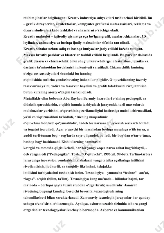 ta‘lim sohasida ulardan foydalanish o‘qitish sifatini oshiriga, o‘quvchilarning fikrlash doirasini oshirish va kengaytirishga, ularda mustaqil o‘zlashtirish faoliyatini kuchaytirish hozirgi zamonning dolzarb masalasiga aylanib qoldi. ta’limning axborotlashtirishda o‘quvchilarning axborot va kommunikatsion texnologiyalarni o‘zlashtirishlari bilan bir qatorda, fan sohasidagi olayotgan bilim va ko‘nikmalarini jadallashtiriga olib kelmoqda. bu jarayonlar ilmiy izlanishlar natijasida turli metodik yondashuvlarga olib keladi. “muhandislik kompyuter grafikasi”ni o’qitishdan asosiy maqsad talabalarga muhandislik va mutaxassislik fanlaridan bajariladigan barcha turdagi grafik axborotlarni-chizma, diogramma va sxemalar kabi tasvirlarni ikki o‘lchamda yoki uch o‘lchamda kompyuter yordamida bajarish tartibi va qoidalarini o‘rgatishdan iborat. ta’lim va kadrlar tayyorlash tizimida chizmachilik va grafikaga oid yangi yo‘nalishlar joriy etiladi. ta’siri: ushbu qonun chizmachilik va grafik dizayn sohasini huquqiy asosda rivojlantirishga xizmat qiladi, yosh mutaxassislar va ijodkorlar uchun yangi imkoniyatlar yaratadi.bundan kelin chiqib chizmachilik kompyuter grafikasi rivojlanishi kata ahamiyatga ega.an’anaviy ravishda muhandislik grafikasi qo‘lda bajariladigan chizmalar orqali amalga oshirilgan. biroq hozirgi davrda raqamli texnologiyalar, xususan kompyuter grafikasi dasturlari, bu …