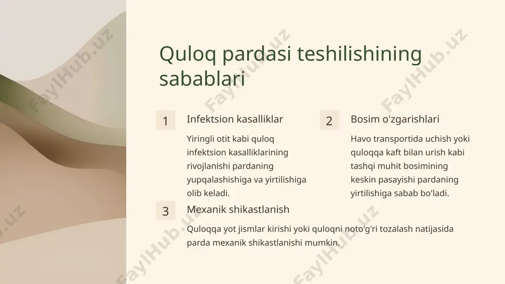 ishi eshitish qobiliyatini vaqtinchalik yoki doimiy ravishda yo'qotish xavfini tug'diradi. o'rta quloq infektsiyasi teshilish o'rta quloqqa infektsiya tushishiga olib kelishi mumkin. bosh aylanishi va ko'ngil aynishi teshilish bosh aylanishi va ko'ngil aynishini chaqirishi mumkin. 7 shifokorga murojaat qilish quloq og'riq quloqda noqulay hislar yoki og'riq sezilganda shifokorga uchrashish kerak. eshitish qobiliyatining pasayishi eshitish qobiliyatining pasayishi kuzatilganda darhol shifokorga murojaat qilish lozim. quloqdan oqish quloqdan shaffof suyuqlik, qon yoki yiring oqishi kuzatilganda shifokorga murojaat qilish kerak. 8 xulosa muhim tuzilma quloq pardasi eshitish tizimining muhim tuzilmasi bo'lib, uning yaxlitligi buzilishi jiddiy oqibatlarga olib kelishi mumkin. tezkor davolash quloq pardasi teshilishi yoki yirtilishiga doir har qanday belgi paydo bo'lganda darhol shifokorga murojaat qilish kerak. profilaktika muhim infektsion kasalliklarni oldini olish, quloqni noto'g'ri tozamaslik va boshqa profilaktik choralar ko'rish muhim ahamiyatga ega. 9 eshitish sog'lig'i muhim hayot sifatini yaxshilash quloq pardasi yaxlitligining buzilishi hayot sifatini sezilarli darajada pasaytiradi. shu sababli ushbu holatning oldini …