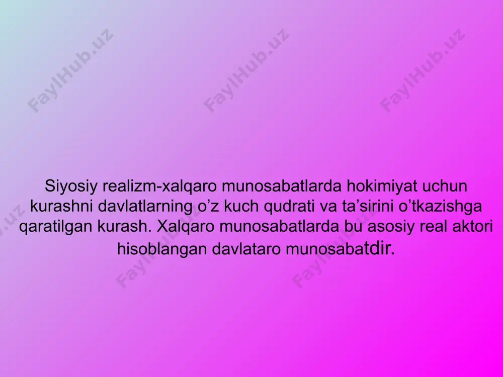 r (hukumatlararo ittifoqlar) xalqaro munosabatlar tabiati - anarxiya maqsad - milliy manfaatlarni himoyalsh. davlatning maksimal xavfsizligini ta’minlash omillar – kuchlar muvozanatini ushlab turish uchun kuchni yo’naltirish (harbiy,siyosiy ) jarayonlar – konfliktlar va urush. urush siyosiy rea - lizmning eng oxirgi chorasi. xalqaro munosabatlar kelajagi – noaniq xarakterga ega jahon siyosati – tashqi siyosiy faoliyat olib borayotgan kuchlar yig’indisi qonun- inson xarakteri va tabiatini berkitish uchun vosita xalqaro munosabatlar nazariyasi - xalqaro munosabatlar nazariyasiga oid barcha konsepsiya, qarashlar va nazariyalar yig’indisi цыганков п.а. теория международных отношений: учеб. пособие. – м., 2002. с. 116. aktorlar - davlatlar va hukumatlar (hukumatlararo ittifoqlar) xalqaro munosabatlar tabiati - anarxiya maqsad - milliy manfaatlarni himoyalsh. davlatning maksimal xavfsizligini ta’minlash omillar – kuchlar muvozanatini ushlab turish uchun kuchni yo’naltirish (harbiy,siyosiy ) jarayonlar – konfliktlar va urush. urush siyosiy rea - lizmning eng oxirgi chorasi. xalqaro munosabatlar kelajagi – noaniq xarakterga ega kuch harbiy kuchlar (qo’shin, aslaha) iqtisodiy …