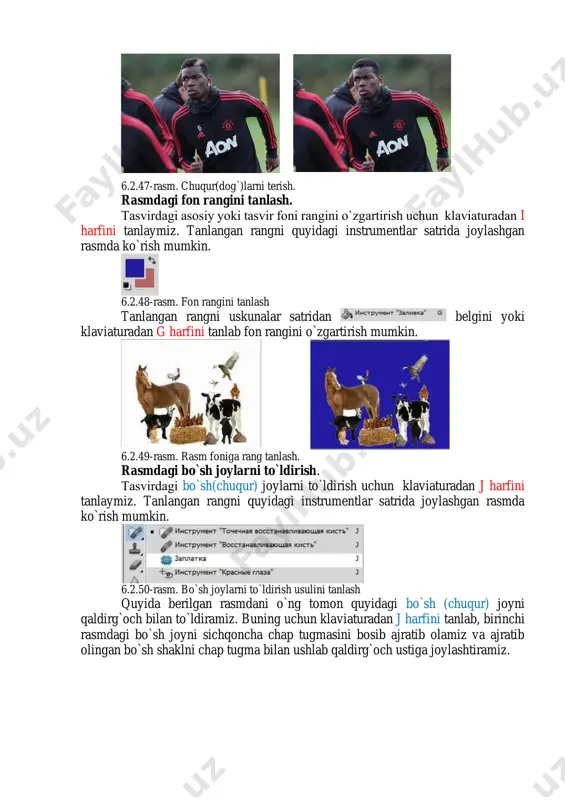 an ishlash. 5. photoshopda tasvirning geometrik shakl ko`rinishidagi qismini ajratib olish. 6. tasvir bo`lagini ajratib olish usullari. 7. tasvirlarni kadrlash va ularda shakl almashtirish amallarini bajarish. 8. photoshopda qatlamlar va ulardan foydalanish. 9. tasvirdagi dog`larni terish usullari. 10. kanallar va filtrlar haqida ma’lumot. 11. mo`yqalam va qalam bilan ishlash. 12. tasvirga geometrik shakllarni va vektorli obyektlarni joylash. 13. tasvirga matn joylash. 14. rasm foniga rang tanlash. 15. adobe photoshop dasturida foydalaniladigan tezkor tugmalar. 16. rasmdagi ranglarni uyg`unlashtirish. 17. rasmdagi fon rangini tanlash. 18. rasmdagi bo`sh joylarni to`ldirish.