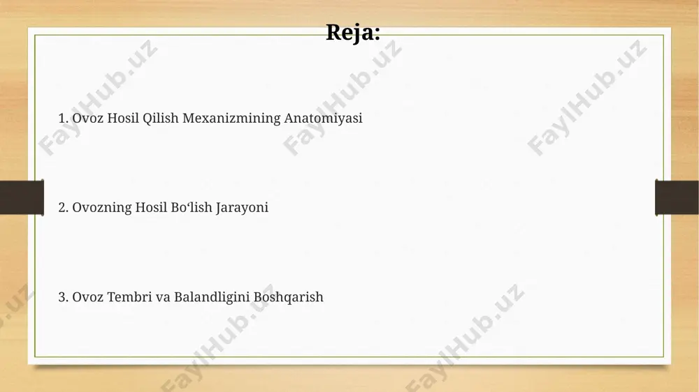 ulyatsion organlar faol ishtirok etib, turli tovushlarni hosil qiladi. ovoz rezonansi 6 ta asosiy bo'limda – bosh suyagi, ko'krak qafasi, og'iz bo'shlig'i, burun bo'shlig'i, tomoq va yutakda sodir bo'lib, tovushning balandligi va tembriga ta'sir qiladi. nafas olish mexanizmi nafas olish markazi miyaning uzunasimon miya sohasida joylashgan bo'lib, nafas olish ritmini daqiqada 12-16 martaga yaqin chastota bilan boshqaradi. o'pka alveollari yuzasining umumiy maydoni taxminan 70-100 kvadrat metrni tashkil etib, gaz almashinuvi uchun keng sirt maydonini ta'minlaydi. nafas olish jarayonida diafragma taxminan 1,5 sm ga tushib, ko'krak qafasi hajmini 500 ml ga oshiradi va shu bilan o'pkaga havo kirishiga yordam beradi. ovoz buzilishlarining sabablari ovoz sifati buzilishiga 20% hollarda psixogen omillar, masalan, stress, qo'rquv, nerv sistemasining haddan tashqari kuchlanishi sabab bo'lishi mumkin. ovozning sustlashishi yoki yo'qolishiga 5-10% hollarda laringit, surunkali yo'tal yoki nafas olish yo'llarining yuqumli kasalliklari sabab bo'ladi. ovoz buzilishlarining 30% dan ortig'i vokal kordlarning tug'ma yoki orttirilgan patologiyalari, masalan, poliplar, …