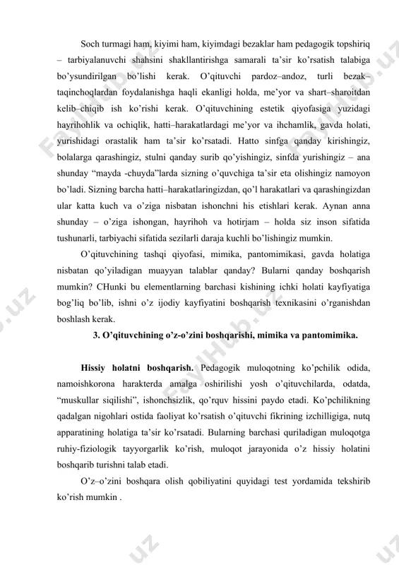 tayyorgarlik ko’rish, muloqot jarayonida o’z hissiy holatini boshqarib turishni talab etadi. o’z–o’zini boshqara olish qobiliyatini quyidagi test yordamida tekshirib ko’rish mumkin . hissiy holat va mayfiyatga oid savollarga “ha” yoki “yo’q” deb javob bering: 1. siz har doim hotirjam holda o’zingizni tuta olasizmi? 2. o’z kayfiyatigizni to’’tadil tuta olasizmi? 3. auditoriyada dars tinglayotganigizda yoki uyda dars tayyorlayotganigizda har doim fikrni bir joyda to’plab, diqqat bilan o’tira olasizmi? 4. siz o’z hissiyotlaringizni boshqara olasizmi? 5. o’z o’rtoqlaringiz va yaqinlaringiz bilan muloqot paytida har doim ham e’tiborli va samimiy bo’la olasizmi? 6. o’rganilgan o’quv materialini oson o’zlashtira olasizmi? 7. sizda o’zingiz qutilishni istagan yomon odatlar(ingiz) bormi? “ha” va “yo’q” javoblar sonini hisoblab chiqing. agar hamma javoblar ijobiy yoki ijobiy javoblar miqdori ko’p bo’lsa, siz hotirjamsiz va o’zingizni boshqara olishdan tashvishlanmaysiz yoki o’zingizga juda yuqori baho berasiz; agar javoblar ko’pchiligi inkor bo’lsa, bu bu hovotirlikdan, ishonchsizlikdan, o’z–o’zidan qoniqmaslik va o’ziga tanqidiy ko’z bilan …