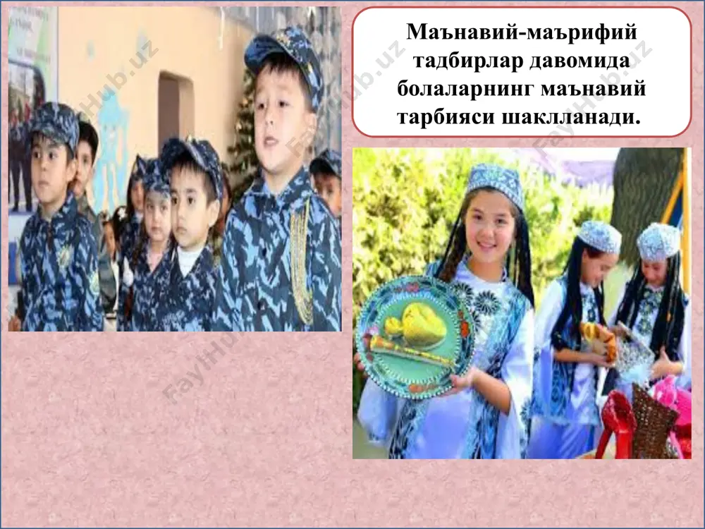 мазмун-моҳияти, қадимий илдизлари, ноёб ва бетакрор намуналари, бугунги кунда ривожланиш тамойилларини акс эттирувчи, аниқ мақсадга қаратилган тадбирлар режасини ишлаб чиқиш 13 мактабгача таълим ташкилотлари кутбхоналарида тарбияланувчилар ўртасида ҳар чоракда бир марта ўтказиладиган маънавий-маърифий тадбирлар “жажжи китобхон” “китоблар мўъжизаси” “китоблар оламига саёҳат” “эртаклар яхшиликка етаклар” таълим жараёнида олиб бориладиган маънавий-маърифий тадбирлардан кўзланган асосий мақсад маънавий ўзликни англашдир 14 маънавий маърифий тадбирларда тарбияланувчилар машғулотлар давомида олган билимлар, кўникма ва малакалар эгаллайдилар 15 мактабгача ёшидаги болаларда қуйидаги маънавий фазилатларни шакллантириш: ўз туйғуларини бошқариш ўз хатти-ҳаракатларини ахлоқий бошқариш шахсий фазилатлар асосларини пайдо бўлиши ижтимоий мотивлар ва миллий анъаналарга қизиқишни пайдо бўлиши ўзига - ўзи баҳо бериш теварак – атрофдагиларга маънавий-ахлоқий муносабатнинг пайдо бўлиши нутқ ва унинг асосида маънавият асосларининг ривожланиши 16 № мавзу номи вақти кутилаётган натижалар маъсул 1 “келинг танишамиз” 05.09 2020 мактабгача таълим ташкилотига янги қабул қилинган болалар ўртасида дўстона муносабатни шакллантириш тарбиячи 2 “менинг шаҳрим” 15.09 2020 тарбияланувчиларнинг она- ватанга бўлган …