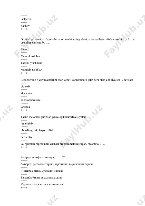 nteraktiv muloqot ==== kommunikasiya ==== dialog, monolog ++++ muloqot tomonlari qaysi javobda to`g`ri ko`rsatilgan ==== kommunikativ, interaktiv, perseptiv ==== perseptiv ==== kommunikativ, empatik muloqot ==== interaktiv, simpatiya ++++ psixik taraqqiyot qanday omillarga asoslanadi? ==== muhit, ta’lim – tarbiya, irsiyat ==== ko‘nikma va malaka ==== ehtiyoj va qiziqish ==== mayl, xohish, istak ++++ maxorat nima? ==== qudrat ==== sezgirlik ==== bilag‘onlik ==== bilimdonlik ++++ ijodiy ish qobiliyati bu ... ==== kreativlik ==== o‘qitish ==== perseptiv ==== to‘g‘ri javob yo‘q ++++ “sensor” so‘zining mazmunini aniqlang. ==== lotincha “tuyg‘u, idrok, sezgi” degani ==== lotincha “tarbiya” degani ==== lotincha “his” – degani ==== lotincha “ahliq tarbiya” degani ++++ evristik suhbat usulining mazmuni ==== topaman, izlayman ==== fikrlar izchilligi ==== savollar tuzish orqali o‘quvchi mustaqil ravishda javob topishga yo‘llash ==== jamoaviy fikrlash ++++ o‘qitish jarayonida o‘qituvchi va o‘quvchilarning alohida harakatlarini ifoda etuvchi u yoki bu usulning elementi nima deb ataladi ==== didaktik uslub ==== so‘zli …