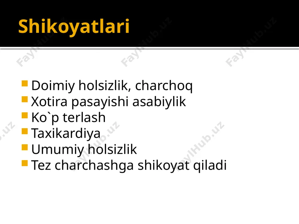 nistradan 1sm tashqarida, o'ng chegarasi to'sh qirrasidan 1sm ichkarida. perkussiyada yurak maydoni sohasida absolyut bo'g'iq tovush. auskultatsiyada yurak cho'qqisida, aortal klapan proyeksiyasida 2-ton eshitiladi. pulsi-80ta/min, ritmik q/b- 130/90 mm.sim.ust. ovqat hazm qilish sistemasi shikoyati yo'q; tili och pushti rangda, nam, toza, og'iz shilliq qavati toza, och pushti rangda yutinish normada qorni yumshoq, og'riqsiz, simmetrik, ich kelishi regulyar jigar va taloq paypaslanmadi kurlov bo'yicha jigar chegaralari: 1.medioclavicularis dextra- 9sm, 2.mediana anterior-8sm, 3.chap qovurg'a yoyi bo'ylab- 7sm. siydik ayirish sistemasi buyrak palpatsiyasi og`riqsiz buyrak va siydik pufagi sohasi o'zgarishsiz, pasternatskiy simptomi ikki tomonlama manfiy diurez regulyar endokrin sistemasi shikoyati yo'q tili nam, qurimaydi diurez normal qalqonsimon bez o'zgarishsiz nerv sistemasi shikoyatlari: bosh og'rig'i, umumiy holsizlik bemor yuzi simmetrik, ongi aniq, savollarga aniq va to'g'ri javob beradi. harakatlari aniq, parez, paralichlar yo'q bosh miya nervlari o'zgarishsiz patologik reflekslar aniqlanmadi. dastlabki diagnoz: astionevrologik sindrom tekshirish rejasi laborator umumiy qon tahlili qon biokimyoviy tahlil siydik …