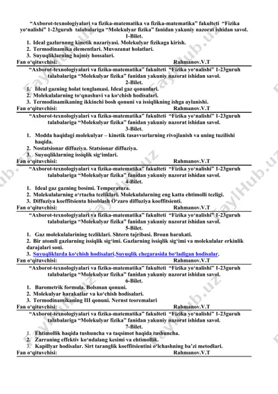 molekulyar fizika nazorati bilet — DOC