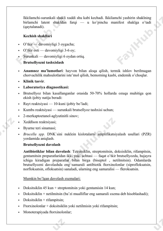 iydigan yoki sezgir. keyinchalik ular kichrayadi, butunlay so’rilib ketishi yoki sklerozga uchrab, uzoq vaqt davomida og’riqsiz kichik zich shakllanma bo’lib qolishi mumkin. asab tizimining shikastlanishida nevrit, polinevrit, radikulitlar rivojlanadi. kamroq hollarda markaziy asab tizimi shikastlanadi (mielit, meningit, ensefalit, meningoansifalit) va ular uzoq, o’gir kechadi. erkaklar jinsiy tizimidagi o’zgarishlar — orxit, epididimit, jinsiy funktsiyaning pasayishi. ayollarda salpingit, metrit, endometrit. amenoreya kuzatiladi, bepushtlik rivojlanishi mumkin. homilador ayollarda ko’pincha abort, o’lik tug’ilish, muddatidan oldin tug’ish, bolalarida tug’ma brutsellyoz qayd qilinadi. ikkilamchi-surunkali shakli xuddi shu kabi kechadi. ikkilamchi yashirin shaklning birlamchi latent shakldan farqi — u ko’pincha manifest shaklga o’tadi (qaytalanadi). kechish shakllari · o’tkir — davomiyligi 3 oygacha; · o’tkir osti — davomiyligi 3-6 oy; · surunkali — davomiyligi 6 oydan ortiq. brutsellyozni tashxislash · anamnez ma’lumotlari: hayvon bilan aloqa qilish, termik ishlov berilmagan chorvachilik mahsulotlarini iste’mol qilish, bemorning kasbi, endemik o’choqlar. · klinik tasvir. · laboratoriya diagnostikasi: · brutsellyoz bilan kasallanganlar orasida …