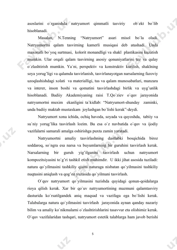 arsalardan natura qo`yilmasini buzmasdan ilgari fikrlar yurgiziladi. o`quv yoki ijodiy vazifalar asosida rassom ongida bo`lajak natura qo`yilmasini xomaki obrazi xaqida tasavvur hosil bo`ladi. masalan: n.mashkov, “nonlar” natryumortini tasvirlash uchun nonvoyga non maxsulotini tayyorlab berishga buyurtma bergan. natryumortni tuzish mobaynida shakli mayda naqshlar bilan bezatilgan, konstruktsiyasi murakkab narsalardan yiroqda bo`lgan ma`qul. murakkab buyumlarga burmali gazlamani kiritish mumkin. natryumort qo`yilmasi xaddan tashqari murakkab shakli va qalam jixatdan qalam-baqalam bo`lishi qo`yilmadagi qalam munosabatlar mohiyatini qalamunishda qiyinchilik tug’diradi. natryumort qo`yilmasini ufq sizig’iga nisbatan pastda joylashgani ma`qul, chunki stol ustida aniq ko`rinib turishi kerak. agar narsalarning asosi bir chizig’ bo`yicha qo`yilsa, stol yuzining gorizantal tekisligi ko`rinmay qoladi, bu esa natryumortni fazoviy echimiga salbiy ta`sir ko`rsatadi. natryumort tuzish vaqtida narsalarni balandligi, ularning surat tekisligida joylashuvchi, qalam bilan shaklini xam xisobga olish kerak. narsalar guruxi bir tomonga yig’ilib, qolishi noto`g’ri. yirik buyumlar qisman bo`lsada boshqa buyum bilan biroz to`silgan bo`lishi mumkin. qo`yilmadagi narsalar shunday joylanishi kerakki, ularni …