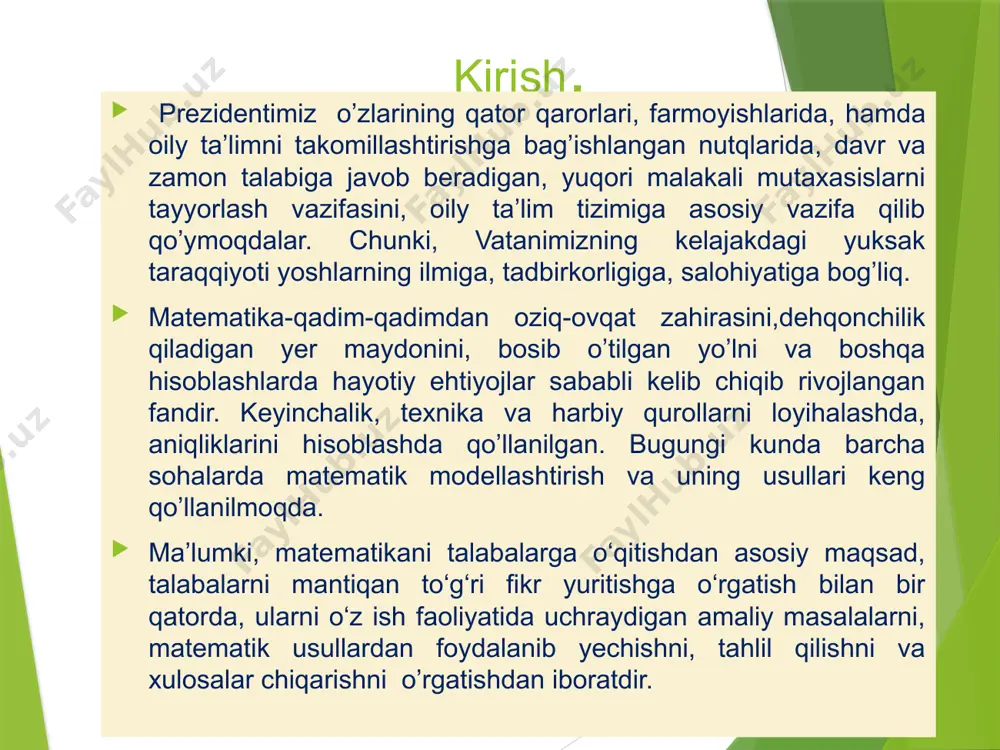 niqlaydigan usul ma’lum bo’lsa, tekislikda koordinatalar sistemasi berilgan deyiladi. biz quyida sodda, ayni paytda keng qo’llanadigan dekart koordinatalari sistemasini keltiramiz.  tekislikda ikkita o’zaro perpendikulyar to’gri chiziqni olaylik. bu to’gri chiziqlarning biri gorizontal, ikkinchisi esa vertikal joylashsin. to’gri chiziqlarning kesishgan nuqtasini o harfi bilan belgilab, uni koordinata boshi deb ataymiz. gorizontal to’gri chiziq esa ox o’qi yoki abssissa o’qi deyiladi. vertikal to’g’ri chiziq esa oy o’qi yoki ordinata o’qi deb ataladi. ox va oy o’qlarni koordinata o’qlari deyiladi. aytalik, m - tekislikdagi biror nuqta bo’lsin, bu nuqtadan, ox va oy o’qlarga perpendikulyarlar tushirib, ularning ox va oy o’qlar bilan kesishgan nuqtalarini mx va my lar bilan belgilaymiz. ushbu omx=x, omy=y kesmalarning uzunliklari m nuqtani koordinatalari deb ataladi.  tekislikda ikkita a1(x1; y1), a2 (x2; y2) nuqtalar berilgan bo’lib. bu nuqtalar orasidagi masofani topish talab etilsin. a1(x1;y1), a2(x2;y2) nuqtalar orasidagi masofani d bilan belgilaylik: a1a2=d a1 nuqtadan ox o’qqa, a2 nuqtadan …