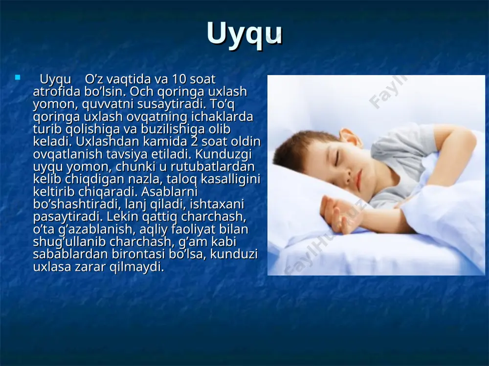 surish lozim. bu tavsiyalarga rioya qilinsa, hayajonlanish, toliqishdan yuzaga keladigan uyqutezda o`tib ketadi. uyku yoshi qaytgan va qarigan kishilarda o`zgaradi; uyqu yoshlik davriga qaraganda birmuncha yuzaki va qisqa muddatli bo`lib qoladi, bu shu yoshdagi organizmning fiziologik xususiyatlari natijasidir. uyquning har qanday turida ham vrach bilan maslahatlashib, zarur muolajalarni olish tavsiya etiladi, o`z bilgicha doridarmonlar bilan davolanish xavfli asoratlarga olib keladi. uyqusizlik ayollarda erkaklardagidan 1,4 marta ko`p tarqalgan. tiplari uyqusizlikning ko`plab darajalari ma`lum bo`lsa-da, ularning orasidan quyidagilari ayniqsa ajratib ko`rsatiladi: vaqtincha uyqusizlik, bir necha kun davom etadi. qisqa muddatli uyqusizlik, uch haftadan olti oygacha muddatda davom etadi. surunkali uyqusizlik, yillab davom etadi. sabab va natijalari vaqtincha uyqusizlik odatda shovqin, kuchli asablanish, uyqu tuzumi buzilishi, giyohvand yoki neyrotrop moddalar ta`sirida kelib chiqadi. surunkali uyqusizlikka esa boshqa kasalliklar, bosh miya jarohati, parazitlar sabab bo`lishi mumkin. ba`zan uyqusizlik nasldan naslga o`tishi mumkin. uyqusizlik umumiy holsizlanish, diplopiya (bir narsani ikkitadek ko`rish), gallutsinatsiyalarni keltirib chiqarishi, kamdan-kam …