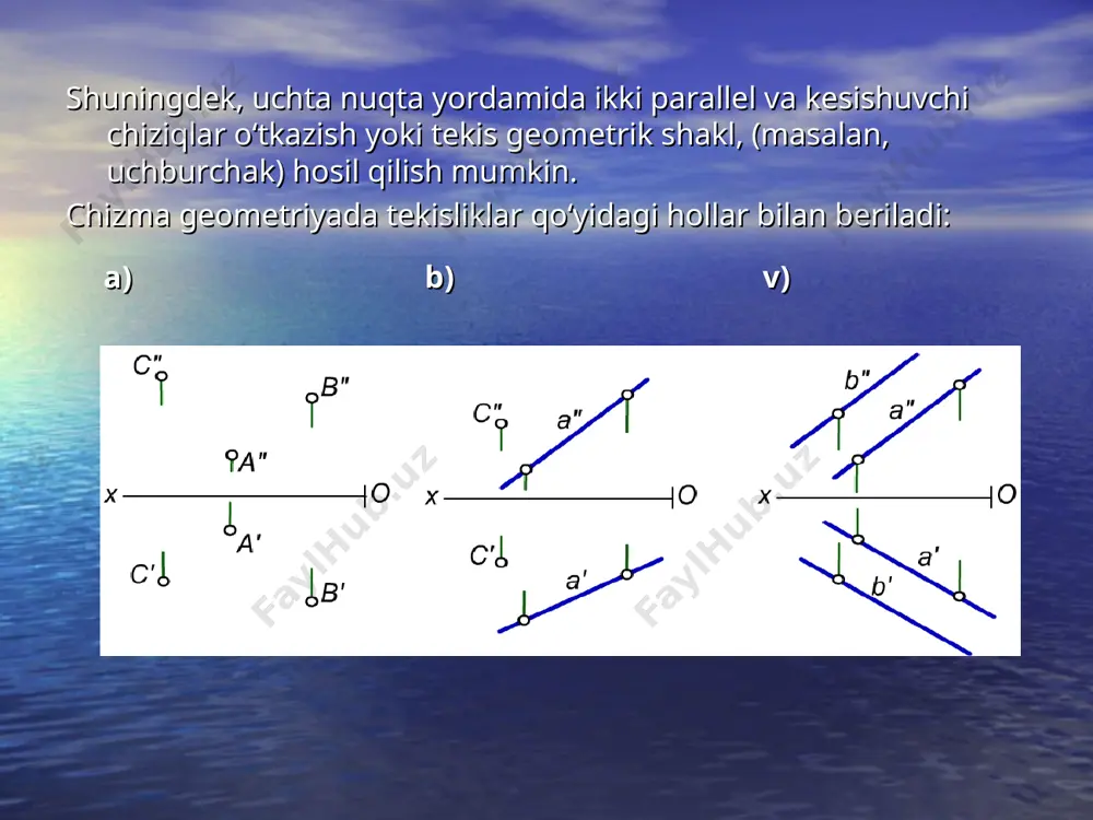 ning h tekislik bilan kesishgan ph=p∩h chizig‘i uning gorizontal izi, v tekislik bilan kesishgan pv=p∩v chizig‘i frontal izi va w tekislik bilan kesishgan pw=p∩w chizig‘i profil izi deb ataladi. tekislik shu tarzda berilsa, uni izlari bilan berilgan tekislik deb yuritiladi va p(ph, pv, pw) tarzida yoziladi. tekislikni chizmada izlari bilan tasvirlash ancha qulay va afzaldir. tekislikning ox, oy va oz koordinata o‘qlari bilan kesishgan nuqtalari px, py, pz bilan belgilanadi, ya’ni px=p∩ox, pu=p∩oy, pz=p∩oz. bu nuqtalar tekislikninng ikkita izining kesishishidan hosil bo‘ladi. tekislik qanday tarzda berilishidan qat’iy nazar, uning izlariniortogonal proyeksiyalarda yasash mumkin. har qanday geometrik shakllar orqali berilgan tekislikning izlarini yasash mazkur tekislikka tegishli bo‘lgan to‘g‘ri chiziqlar izlarini yasash bilan bajariladi. bunig uchun to‘g‘ri chiziqning tekislikka tegishlilik xususiyatidan foydalaniladi. 6.4-rasmda a∩b kesuvchi chiziqlar bilan berilgan tekislikning gorizontal izini yasash uchun to‘g‘ri chiziqlar gorizontal izlarining a′h, a″h, va b′h b″h proyeksiyalarini topamiz. agar to‘g‘ri chiziqlarning gorizontal izlarining gorizontal a′h va …