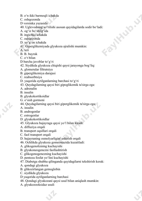 riant c. limfotsitlarga boy bo‘lgan variant d. barchasi 60. leykotsitlar haqida malumot bering. a periferik qonning yadroli geterogen guruxli hujayrasi b. barchasi immunitet funksiyasini fagotsitoz orqali bajaradi c. periferik qonda normal miqdori 4,0-11,0 ming / mkl d. barchasi 61. trombotsitlar haqida malumot bering: a. qon ivishi va fibrinolizda qatnashadi b. angiotrofik funksiyani taminlaydi c. umr davomiyligi 8 kun d. barchasi 62. embriondagi qon yaratuvchi organlar qaysi? a. jigar b. sariq tana c. taloq d. barchasi 63. kattalarda normal mielopoez qayerda kechadi? a. taloqda b. sariq suyak ko‘migi c. qizil suyak ko‘migi d. barchasi 64. limfopoezning markaziy organlari qaysi? a. timus b. limfa tugunlari c. suyak ko‘migi d. taloq 65. limfopoezning periferik organlari: a timus b limfa tugunlari c oshqozon – ichak trakti d taloq 66. erkaklarda umumiy temir miqdori qancha miqdorda bo‘ladi? a 25 mg / kg b 35 mg / kg d 60 mg / kg* c 70 mg …