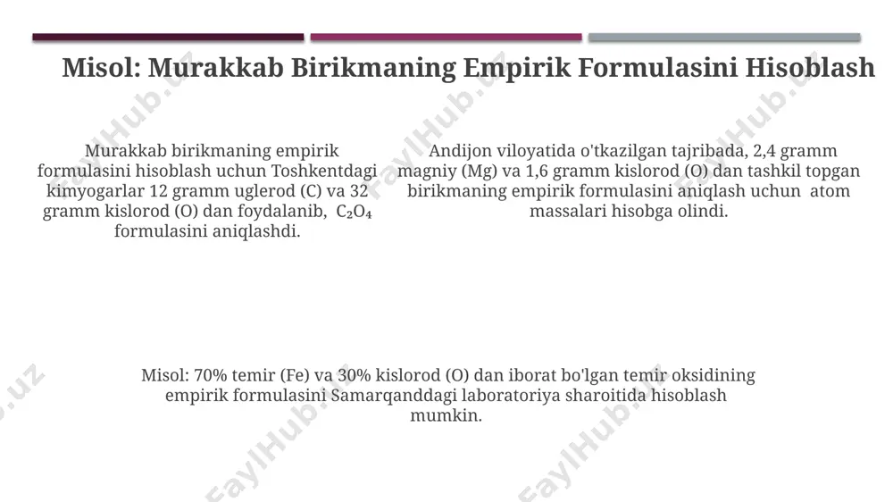 mol ga teng bo'ladi. 180/30 = 6 ko'paytmasi molekulyar formula c₆h₁₂o₆ ekanligini ko'rsatadi. muammolarni yechish 50 grammli natriy xlorid (nacl) ning molyar massasi 58,5 g/mol bo'lib, farg'onada o'tkazilgan tajribada uning modda miqdori taxminan 0,85 mol deb topilgan. metan (ch₄) gazining 22,4 litr hajmi standart sharoitda 1 molni tashkil etadi va bu samarqanddagi kimyoviy zavodida hisob-kitob qilingan. 10 grammli suv (h₂o) ning molyar massasi 18 g/mol bo'lganligi sababli, undagi modda miqdori 0,55 molni tashkil etadi va bu toshkentdagi kimyo laboratoriyasida aniqlangan. empirik formula hisoblash bosqichlari empirik formulani hisoblash uchun avvalo, elementlarning massa ulushlarini aniqlash kerak, masalan, 100 gramm namunada 25 gramm uglerod va 75 gramm vodorod bo'lsa, keyingi hisob-kitoblarni amalga oshirish mumkin. har bir elementning molyar massasidan foydalanib, elementlarning mol sonini aniqlaymiz. masalan, uglerodning molyar massasi 12 g/mol, vodorodniki esa 1 g/mol. toshkentdagi laboratoriyada o'tkazilgan tajriba natijalari shundan dalolat beradi. har bir elementning molyar massasidan foydalanib, elementlarning mol sonini aniqlaymiz. masalan, …