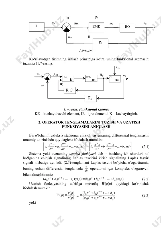 rensial tenglamada operatorni «p» kompleks o‘zgaruvchi bilan almashtiramiz (2.2) uzatish funksiyasining ta’rifiga muvofiq w(p)ni quyidagi ko‘rinishda ifodalash mumkin: . (2.3) yoki bunda - m darajali ko‘phad; - n darajali ko‘phad. sistemani amalga oshirish uchun shart bajarilishi kerak. shundagini sistema ishlashi mumkin. (2.3) tenglamaga muvofiq zveno yoki sistemaning chiqish signalining laplas tasviri . (2.4) endi zveno yoki sistemaning uzatish w(p) funksiyasi bilan o‘tkinchi funksiyasi h(t) hamda impulsli o‘tkinchi funksiyasi ((t) orasidagi bog‘lanishni ko‘rib chiqamiz (2.1-rasm). shape \* mergeformat 2.1 – rasm. sistemaning o‘tkinchi funksiyasi h(t) hamda impulsli o‘tkinchi funksiyasi ((t) orasidagi bog‘lanish sxemasi a) agar kirish signali x(t)=1(t) bo‘lsa, unda uning laplas tasviri bo‘ladi. (2.1) formulaga muvofiq chiqish signalining laplas tasviri ga teng bo‘ladi. bundan original funksiyaga o‘tsak, bo‘ladi. demak, o‘tkinchi funksiya h(t) bilan uzatish funksiyasi w(p) bir ma’noli bog‘langan ekan. b) agar x(t)=((t) bo‘lsa, unda x(p)=1 bo‘ladi. (2.4) formulaga muvofiq chiqish signalining laplas tasviri y(p)=w(p) bo‘lib, uning originali impulsli o‘tkinchi …