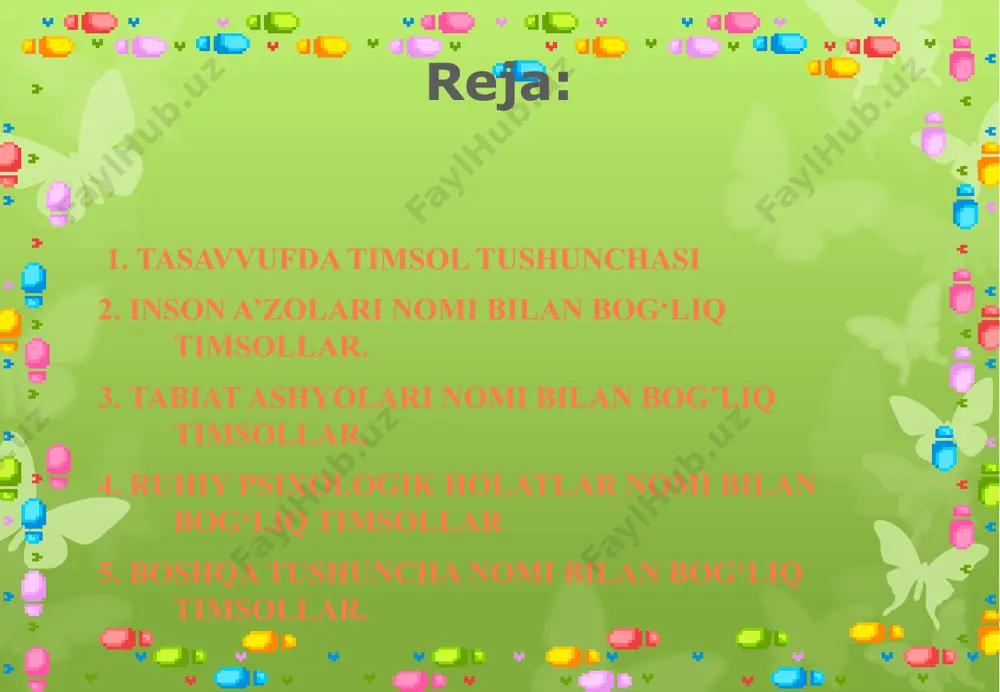 asi) – ko‘ngildagi g‘ubor. “mayning ko‘pirishi” – ishqning tug‘yoni. iii. tabiat ashyolarining nomlari. “gul” – oshiq ko‘nglining mahbub ishtiyoqida yallig‘lanishi. “gulzor(gulshan)” – dardning kuchayishi va ayni paytda pir suhbating ta’siri. “bulbul” – oshiqlik belgisi. ammo zohiriy go‘zallikka oshiqlik belgisi. “parvona” – ilohiy go‘zallikka oshiqlik va fano timsoli. “sham(dengiz, quyosh)” – ilohiyot manbai. “nasim” – pirning so‘zidan, karomatidan xabardorlik. “sabo”(sharqdan esgan shamol) – ko‘ngilni poklovchi ilohiy mujda. “mushk anbar” – ilohiy xabarlar. mushk ayni paytda ishq azobining og‘irligidir. chunki mushkini ohuning kindigidan oladilar. ohuni yugurtirib, charchatgach, kindigiga qon quyiladi va u qorayib ajralib chiqadi. shundan mushk ajralib chiqadi. “tong”(subh) – odam, chunki odam ruh va jismdan; zulmat va nurdan iborat. nur ko‘paysa, ilohiy olamga qarab boradi, zulmat ko‘paysa, tubanlashib boradi. “tun” – firoq, hijron. “kecha”(o‘tgan kun) – xotirot, idea. “qobon” – nafs timsoli. “it” – ayni paytda saqodat, vafo timsoli. “chumoli” bir joyda xokisorlik belgisi. 2.beqarorlik timsoli. “sulaymon” – ilohiyot olami, …