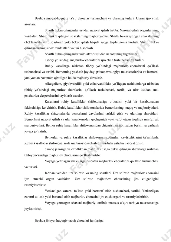 davolash o`tkazilishi ustidan nazorat qilish. qamoq jazosiga va ozodlikdan mahrum etishga hukm qilingan shaxslarga nisbatan tibbiy yo`sindagi majburlov choralarini qo`llash tartibi. voyaga yetmagan shaxslarga nisbatan majburlov choralarini qo`llash tushunchasi va turlari. jabrlanuvchidan uzr so`rash va uning shartlari. uzr so`rash majburlov chorasini ijro etuvchi organ vazifalari. uzr so`rash majburlov chorasining ijro etilganligini rasmiylashtirish. yetkazilgan zararni to`lash yoki bartaraf etish tushunchasi, tartibi. yetkazilgan zararni to`lash yoki bartaraf etish majburlov chorasini ijro etish organi va rasmiylashtirish. voyaga yetmagan shaxsni majburiy tartibda maxsus o`quv-tarbiya muassasasiga joylashtirish. boshqa jinoyat huquqiy taosir choralari jumlasiga: - shartli hukm qilish ; - tibbiy yo`sindagi majburlov choralari; -voyaga yetmaganlarga nisbatan majburlov choralari qiradi. boshqa jinoyat huquqiy taosir choralarini ijro etish uchun sudning qonuniy kuchga kirgan hukmi yoki ajrimi asos bo`ladi . boshqa jinoyat huquqiy taosir choralari jinoyat kodeksining 72,87,94,96 moddalarida nazarda tutilgan hollarda va tartibda sud tomonidan tayinlanadi. jazolarni ijro etish inspeksiyasi shartli hukm qilingan shaxslarni ro`yxatga oladi va …