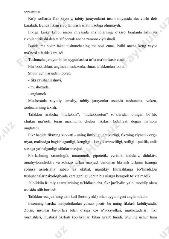 ar bir-birlari bilan o‘ziga xos o‘y-xayollari, mushoxadalari, fikr yuritishlari, mustakil fikrlash kobiliyatlari bilan ajralib turadi. shuning uchun ham inson fikrini tarbiya kilish muxim sanaladi. fikr tarbiyasi haqida buyuk pedagog a.avloniy “fikr tarbiyasi eng kerakli, ko‘p zamonlardan beri takdir kilinib kelgan, muallimlarning dikkatlariga suyalgan, vijdonlariga yuklangan mukaddas bir vazifadir” deydi. fikr insonning sharofatlik, gayratlik bo‘lishga sabab bo‘ladur. bu tarbiya muallimlarning yordamiga so‘ng daraja muxtojdirki, fikrning kuvvati, ziynati, kengligi muallimning tarbiyasiga boglikdur, dars ila ikkisi bir-biridan ayrilmaydurgon, birining vujudi biriga joylangan. mustakil o‘zbekiston bugungi kunga kelib jaxonga o‘z nomini tanitdi. iktisodiy-siyosiy jixatdan yuksaldi. ayniksa, mahsulot ishlab chikarish oshdi, hamkorlikdagi korxonalar kuchaydi. o‘zbekiston dunyoning katta bozoriga shaxdam kadam tashladi. shu bilan birga o‘zbekistonning rivojlangan mamlakatlar katoridan o‘rin olishida bugun va kelajak uchun zarur bo‘lgan zamonaviy kadrlarga ham ehtiyoj sezila bordi. buni prezidentimiz “tafakkur” jurnalining bosh muharriri bilan bo‘lgan suxbatida yana bir bor ta’kidladilar: “bizga meros bo‘lib kolgan ta’lim-tarbiya tizimining ma’lum bir ma’kul jixatlari …